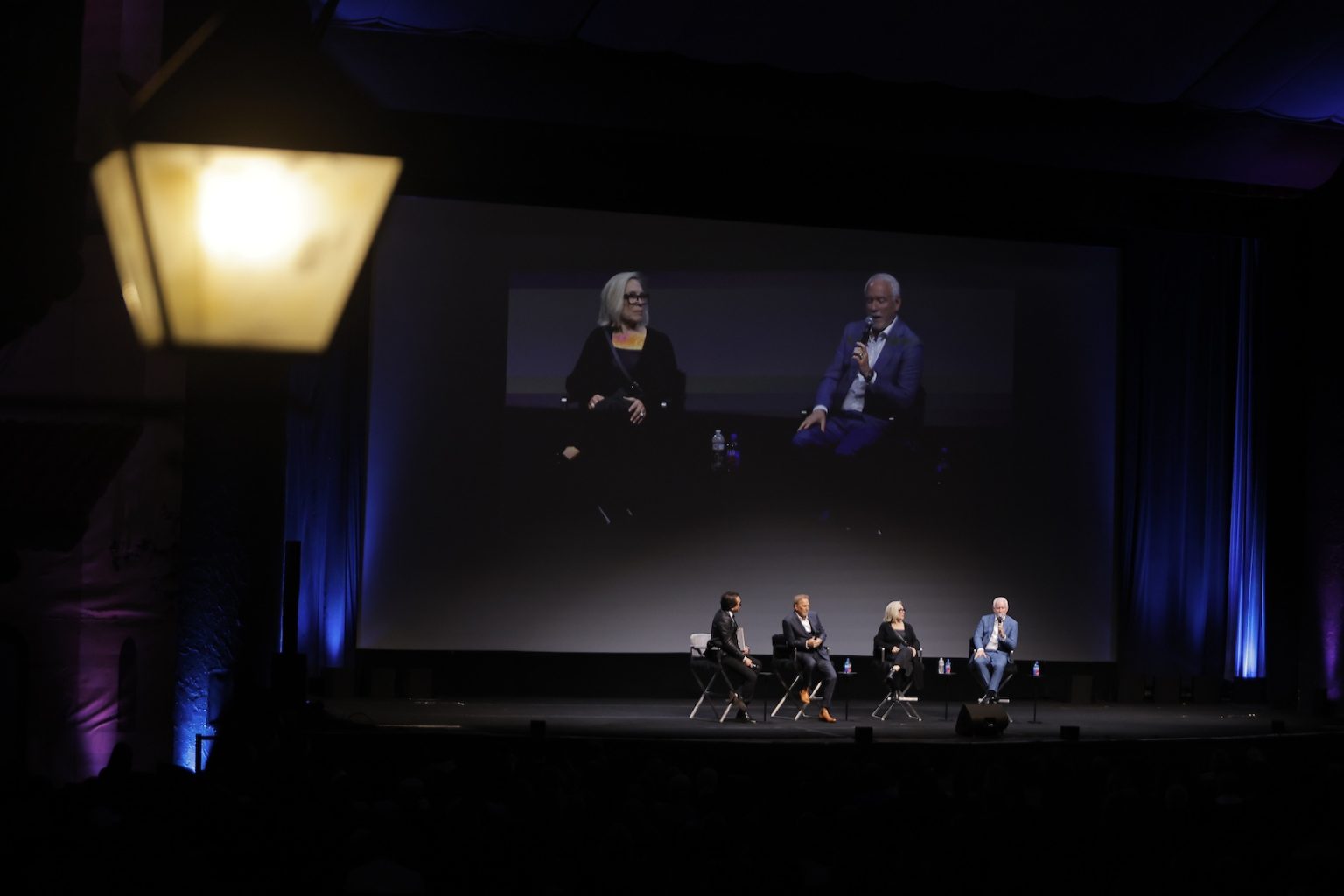 SANTA BARBARA, CALIFORNIA - FEBRUARY 07: (L-R) SBIFF Executive Director Roger Durling, Kevin Costner, Lisa Lovaas and John Debney attend the US premiere of "Horizon: An American Saga - Chapter 2" Q&A at the 40th Santa Barbara International Film Festival on February 07, 2025 in Santa Barbara, California. (Photo by Tibrina Hobson/Getty Images for Santa Barbara International Film Festival)