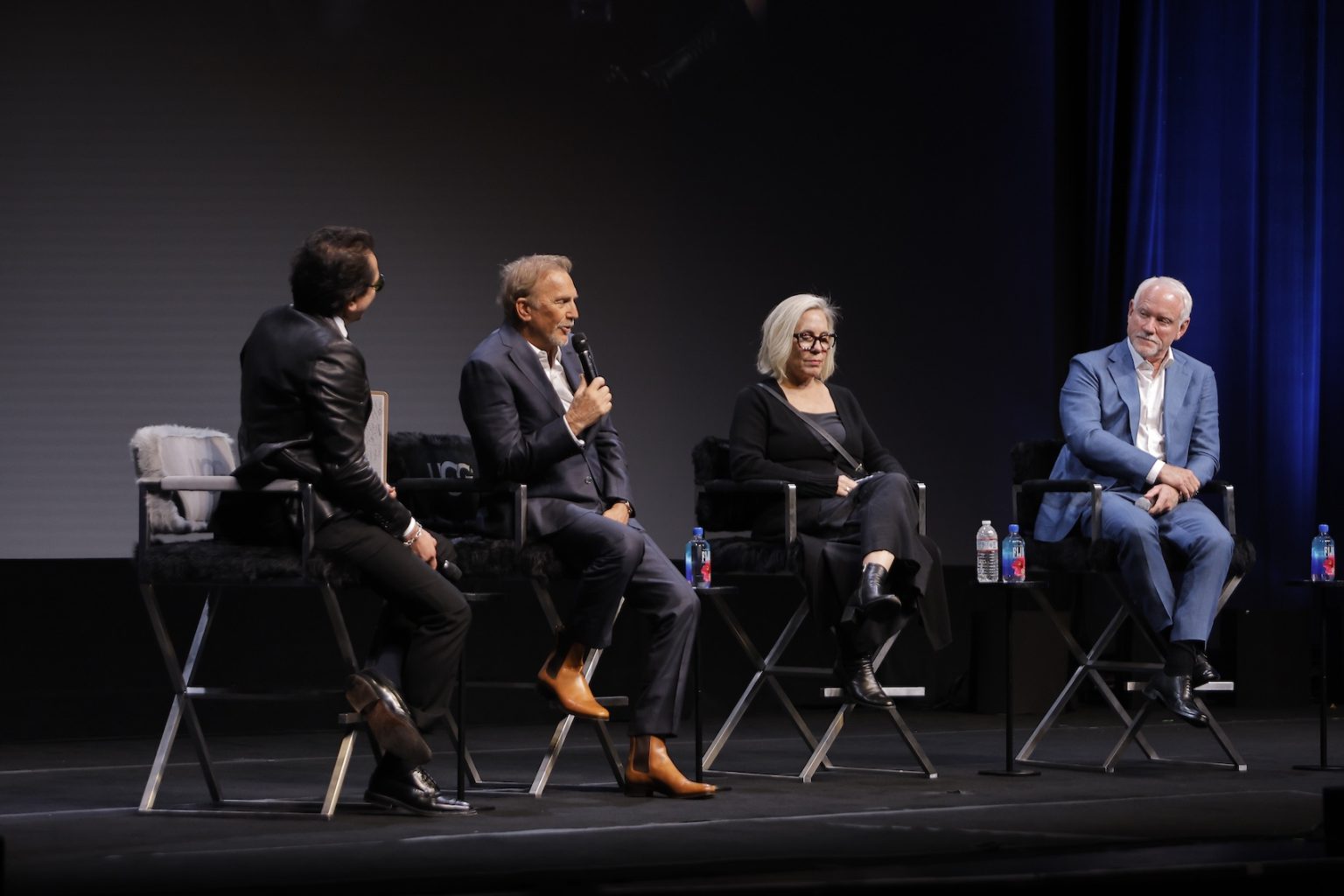SANTA BARBARA, CALIFORNIA - FEBRUARY 07: (L-R) SBIFF Executive Director Roger Durling, Kevin Costner, Lisa Lovaas and John Debney attend the US premiere of "Horizon: An American Saga - Chapter 2" Q&A at the 40th Santa Barbara International Film Festival on February 07, 2025 in Santa Barbara, California. (Photo by Tibrina Hobson/Getty Images for Santa Barbara International Film Festival)