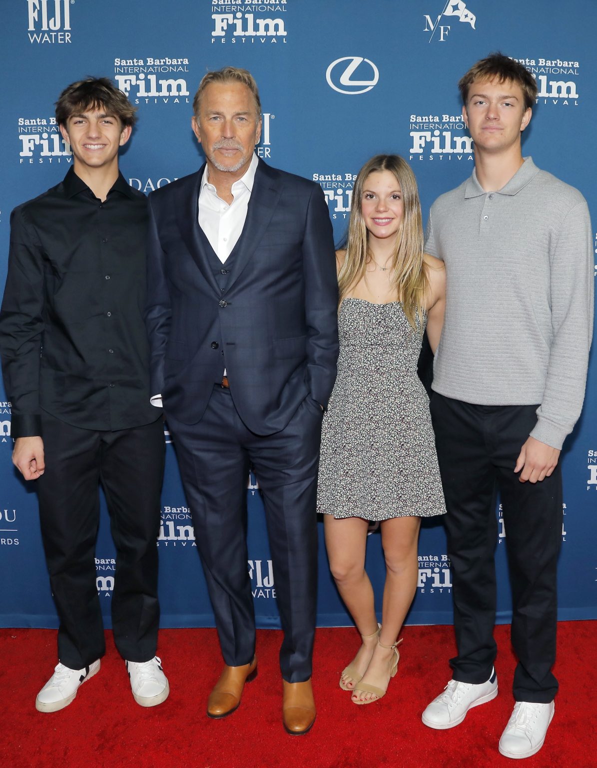 SANTA BARBARA, CALIFORNIA - FEBRUARY 07: (L-R) Hayes Logan Costner, Kevin Costner, Grace Avery Costner, and Cayden Wyatt Costner attend the US premiere of "Horizon: An American Saga - Chapter 2" at the 40th Santa Barbara International Film Festival on February 07, 2025 in Santa Barbara, California. (Photo by Tibrina Hobson/Getty Images for Santa Barbara International Film Festival)