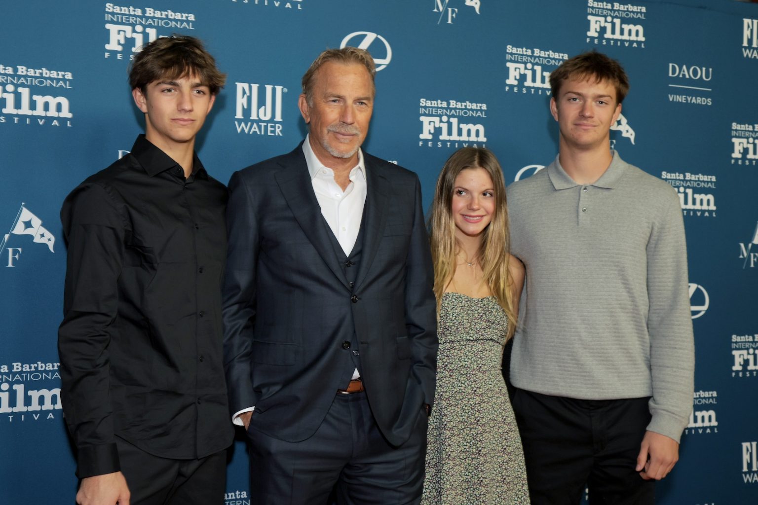 SANTA BARBARA, CALIFORNIA - FEBRUARY 07: (L-R) Hayes Logan Costner, Kevin Costner, Grace Avery Costner, and Cayden Wyatt Costner attend the U.S. Premiere of "Horizon: An American Saga - Chapter 2" during the 40th Santa Barbara International Film Festival at The Arlington Theatre on February 07, 2025 in Santa Barbara, California. (Photo by Rebecca Sapp/Getty Images for Santa Barbara International Film Festival)