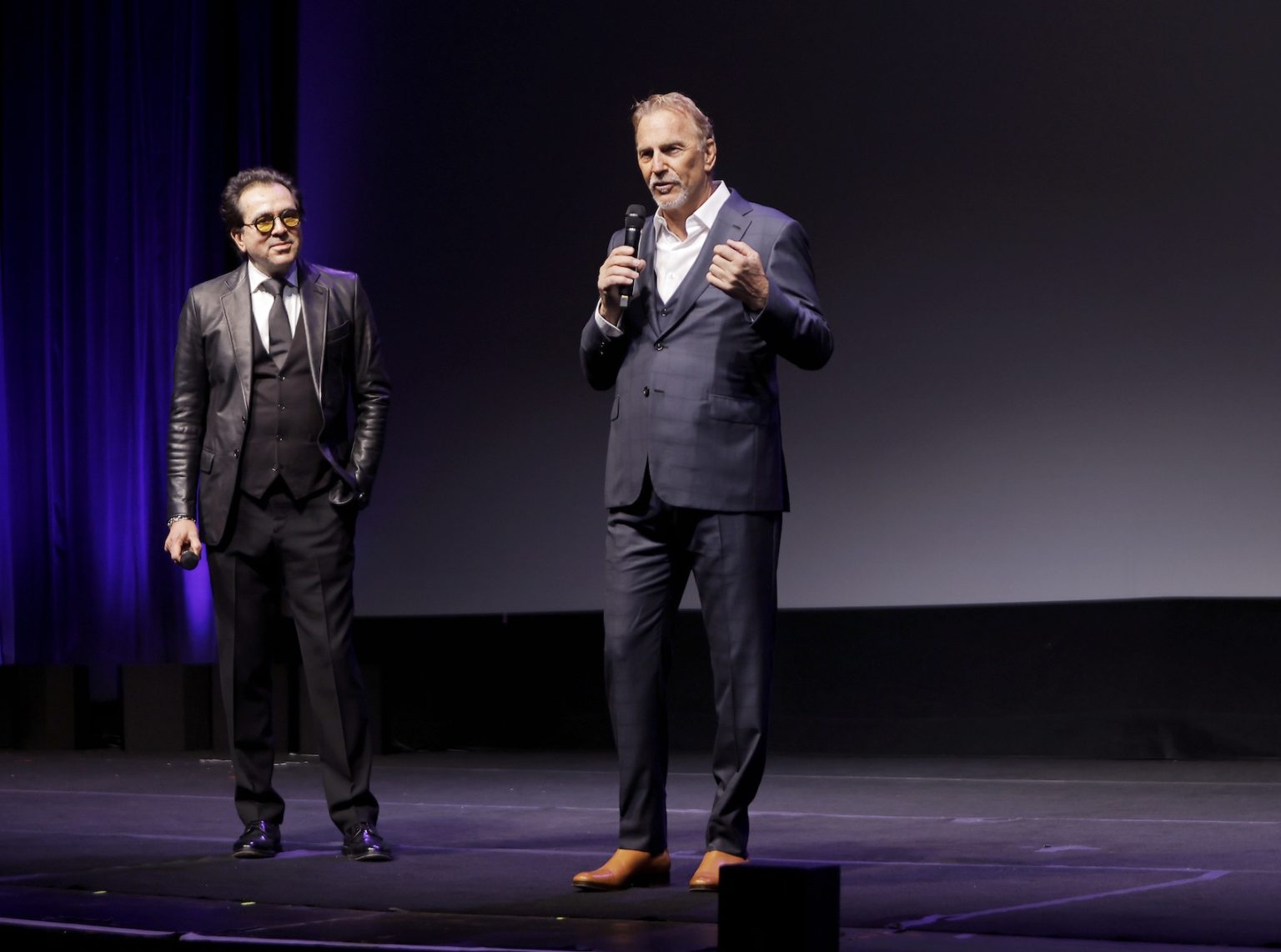 SANTA BARBARA, CALIFORNIA - FEBRUARY 07: SBIFF Executive Director Roger Durling and Kevin Costner speak onstage at the US premiere of "Horizon: An American Saga - Chapter 2" at the 40th Santa Barbara International Film Festival on February 07, 2025 in Santa Barbara, California. (Photo by Tibrina Hobson/Getty Images for Santa Barbara International Film Festival)