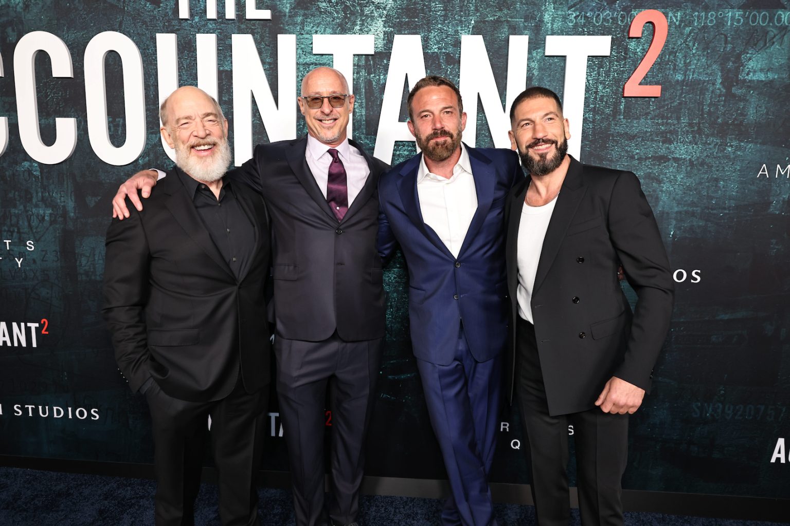 HOLLYWOOD, CALIFORNIA - APRIL 16: (L-R) J.K. Simmons, director/executive producer Gavin O’Connor, producer Ben Affleck and Jon Bernthal seen at the Amazon MGM Studios "The Accountant 2" Los Angeles Premiere at TCL Chinese Theatre on April 16, 2025 in Hollywood, California. (Photo by Eric Charbonneau/Amazon MGM Studios via Getty Images)