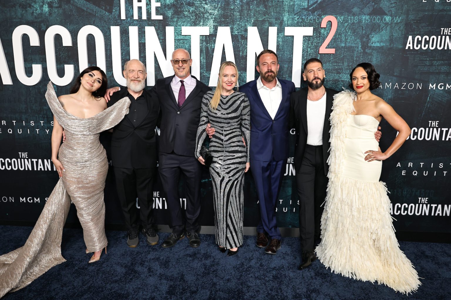 HOLLYWOOD, CALIFORNIA - APRIL 16: (L-R) Daniella Pineda, J.K. Simmons, director/executive producer Gavin O’Connor, producer Lynette Howell Taylor, producer Ben Affleck, Jon Bernthal and Cynthia Addai-Robinson seen at the Amazon MGM Studios "The Accountant 2" Los Angeles Premiere at TCL Chinese Theatre on April 16, 2025 in Hollywood, California. (Photo by Eric Charbonneau/Amazon MGM Studios via Getty Images)