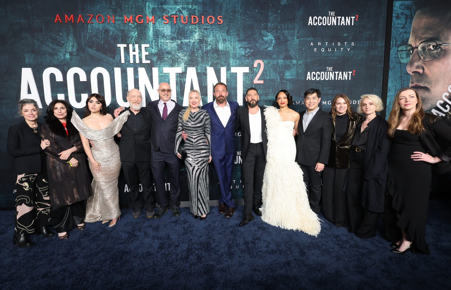 HOLLYWOOD, CALIFORNIA - APRIL 16: (L-R) Courtenay Valenti, Head of Film, Streaming, Sue Kroll, Head of Marketing, Amazon MGM Studios, Daniella Pineda, J.K. Simmons, director/executive producer Gavin O'Connor, executive producer Lynette Howell Taylor, producer Ben Affleck, Jon Bernthal, Cynthia Addai-Robinson, Albert Cheng, VP, Head of Prime Video US, Julie Rapaport, Head of Film Creative and Strategy, Amazon MGM Studios, and Theatrical, Amazon MGM Studios, executive producer Dani Bernfeld and executive producer Alison Winter seen at the Amazon MGM Studios "The Accountant 2" Los Angeles Premiere at TCL Chinese Theatre on April 16, 2025 in Hollywood, California. (Photo by Eric Charbonneau/Amazon MGM Studios via Getty Images)
