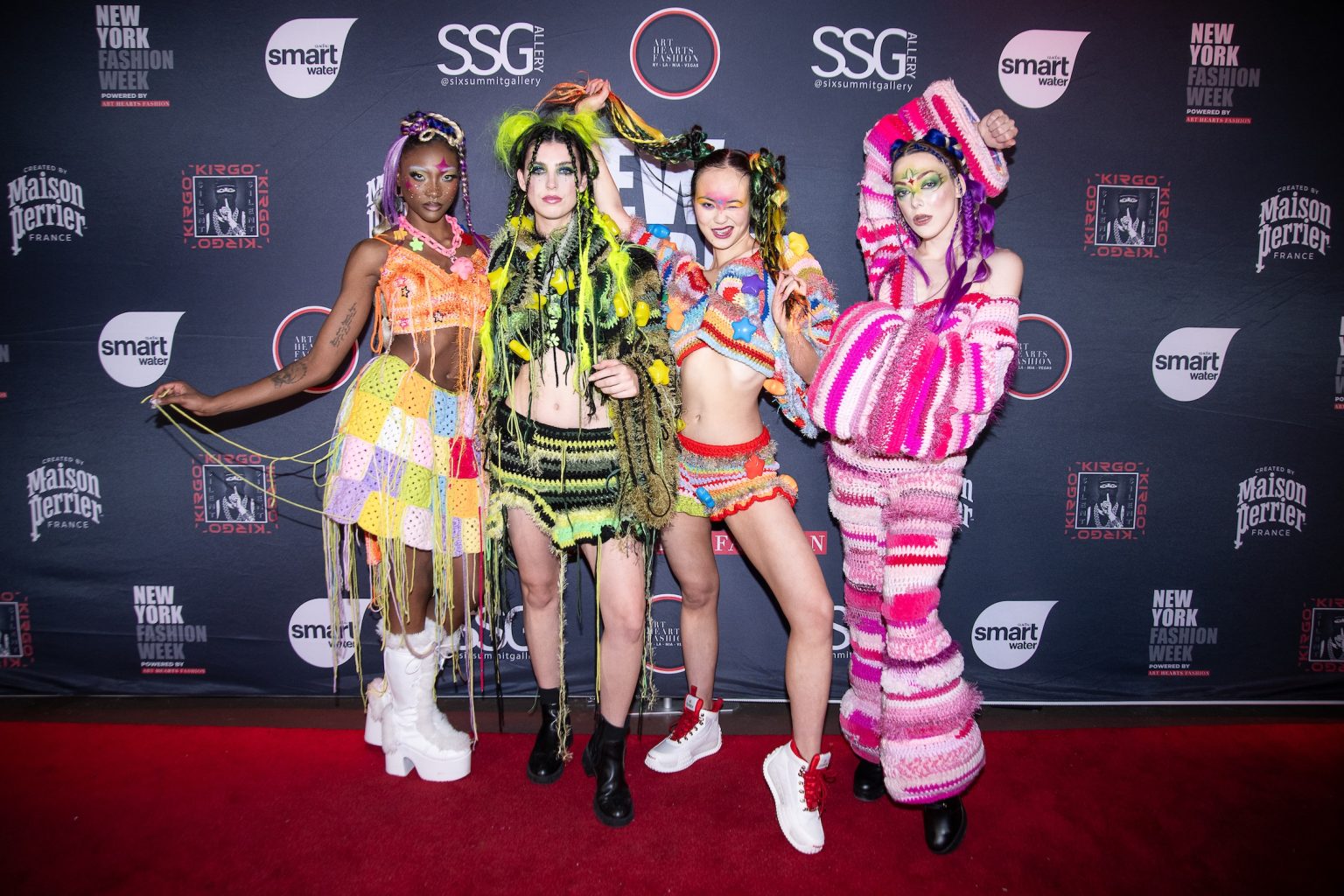 NEW YORK, NEW YORK - FEBRUARY 09: Models arrive on the red carpet wearing Chavelis Playhouse during New York Fashion Week Powered By Art Hearts Fashion at The Angel Orensanz Foundation on February 09, 2025 in New York City. (Photo by Mark Gunter/Getty Images for Art Hearts Fashion)