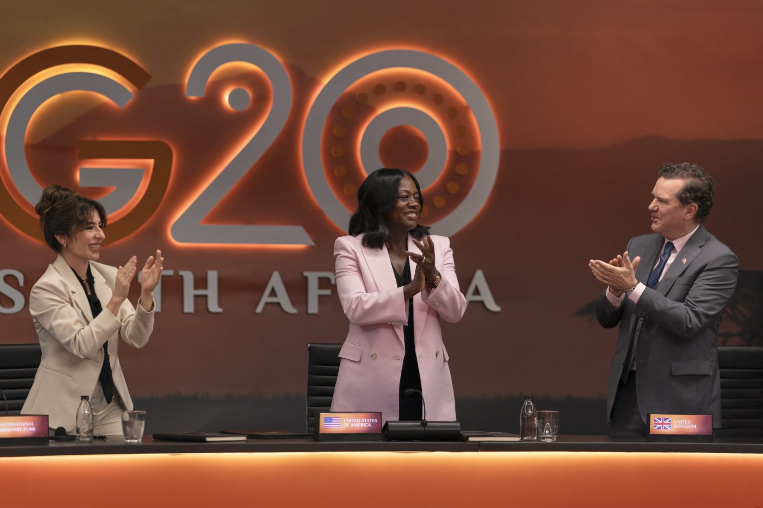 Sabrina Impacciatore Viola Davis and Douglas Hodge in G20 (Photo Credit: Ilze Kitshoff / Prime Video Amazon Content Services LLC)