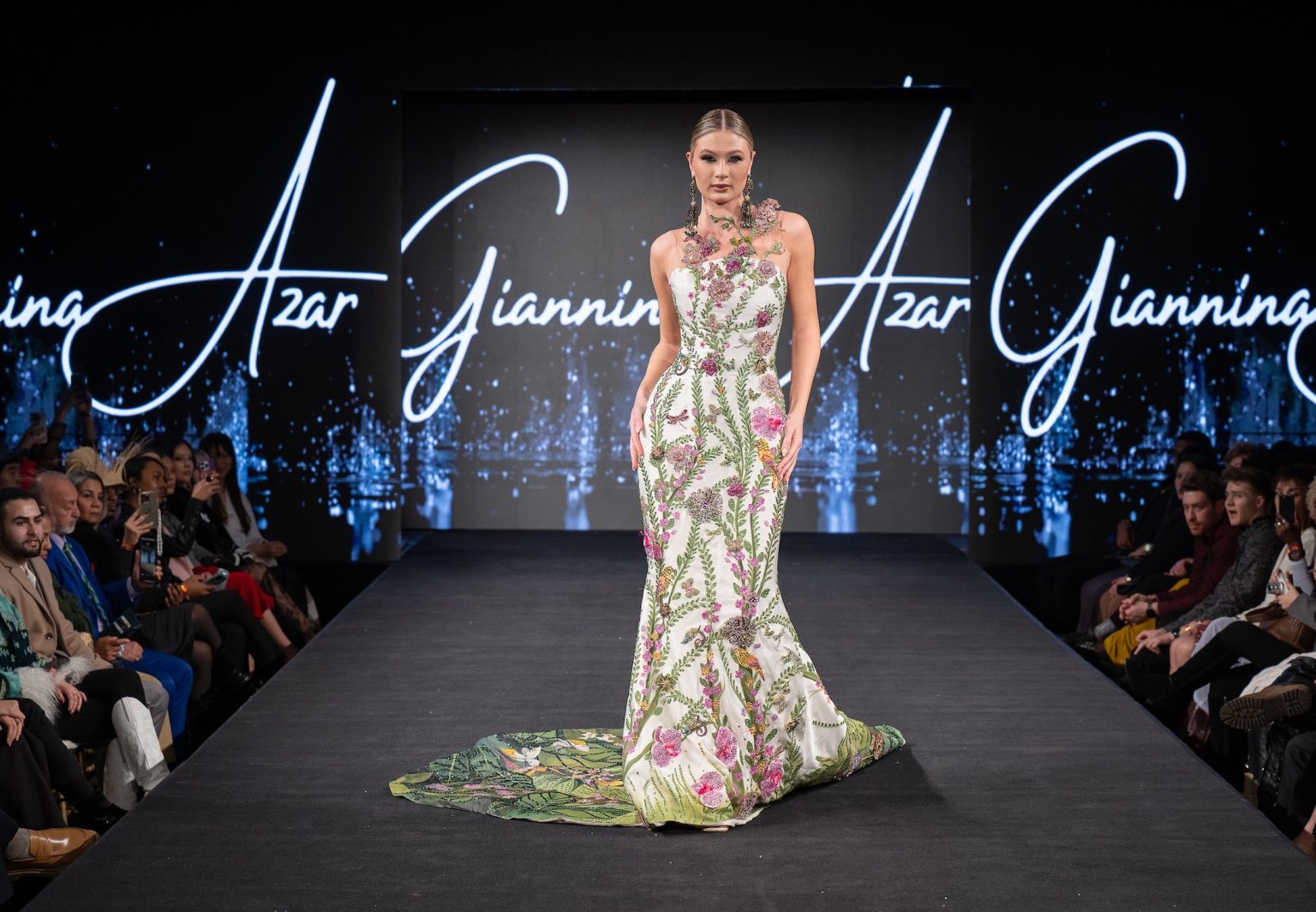 NEW YORK, NEW YORK - FEBRUARY 09: Model Cara Joyce walks the runway at the Giannina Azar show during New York Fashion Week Powered By Art Hearts Fashion at The Angel Orensanz Foundation on February 09, 2025 in New York City. (Photo by Mark Gunter/Getty Images for Art Hearts Fashion)