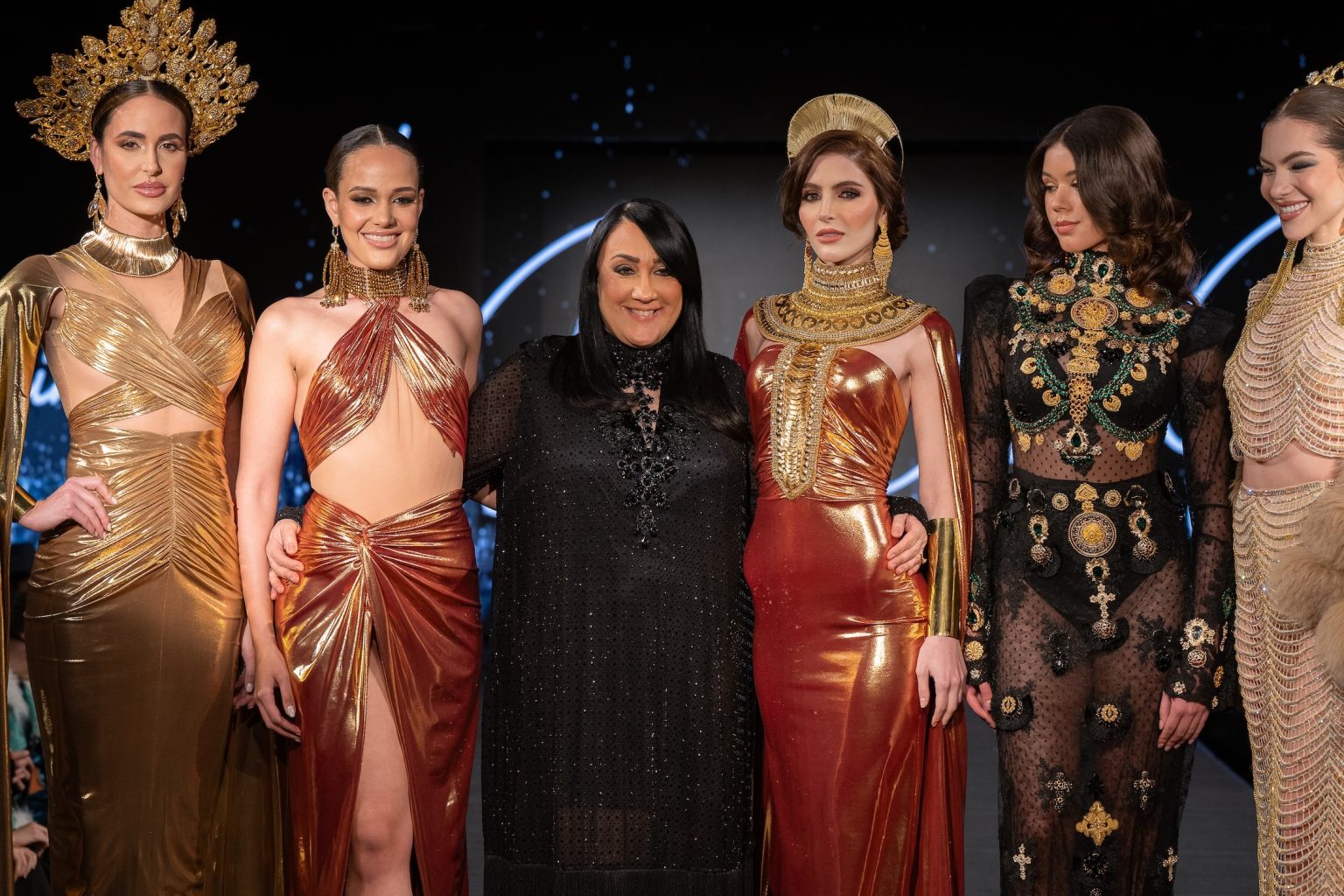 NEW YORK, NEW YORK - FEBRUARY 09: Designer Giannina Azar (C) and models walk the runway at the Giannina Azar show during New York Fashion Week Powered By Art Hearts Fashion at The Angel Orensanz Foundation on February 09, 2025 in New York City. (Photo by Mark Gunter/Getty Images for Art Hearts Fashion)