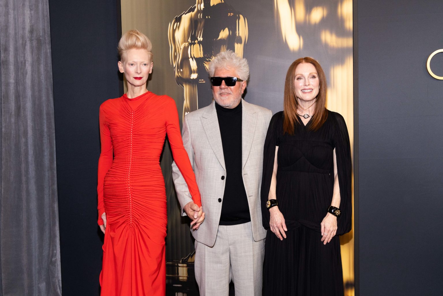 Tilda Swinton, Pedro Almodóvar, and Julianne Moore arrives at the 15th Governors Awards in the Ray Dolby Ballroom at Ovation Hollywood on Sunday, November 17, 2024.