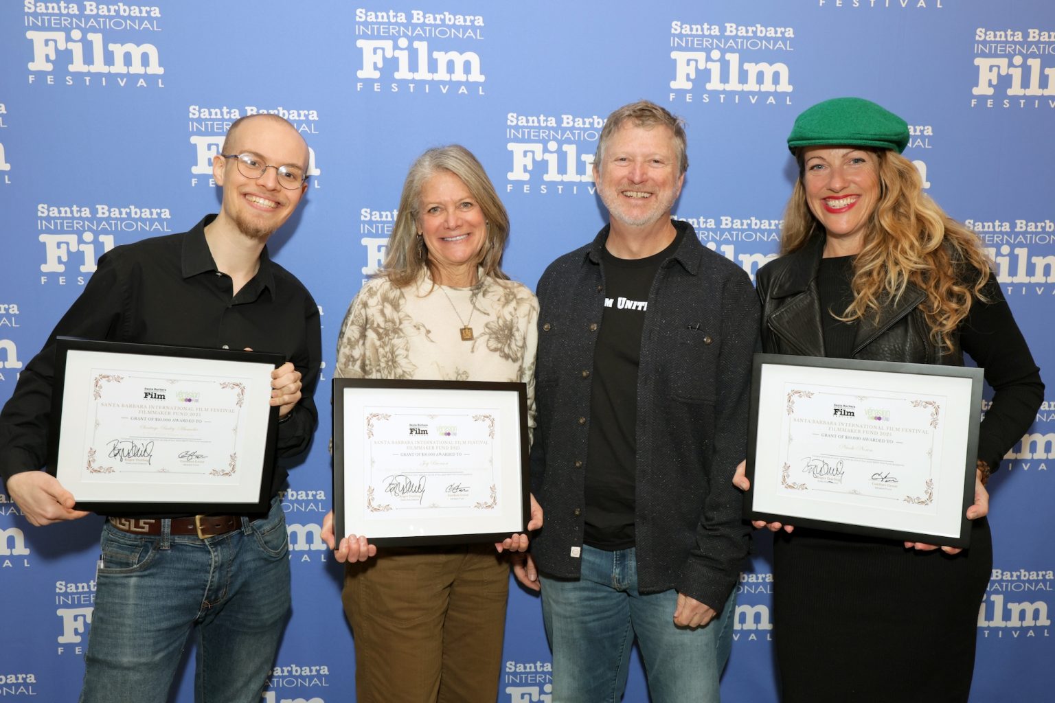 SANTA BARBARA, CALIFORNIA - FEBRUARY 15: (L-R) Santiago Bailey-Musacchio, Joy Bronson, Gardner Grout, and Nicole Noren pose with the Vérasion Filmmaker Fund Awards at the Awards Breakfast during the 40th Santa Barbara International Film Festival at El Encanto on February 15, 2025 in Santa Barbara, California. (Photo by Rebecca Sapp/Getty Images for Santa Barbara International Film Festival)