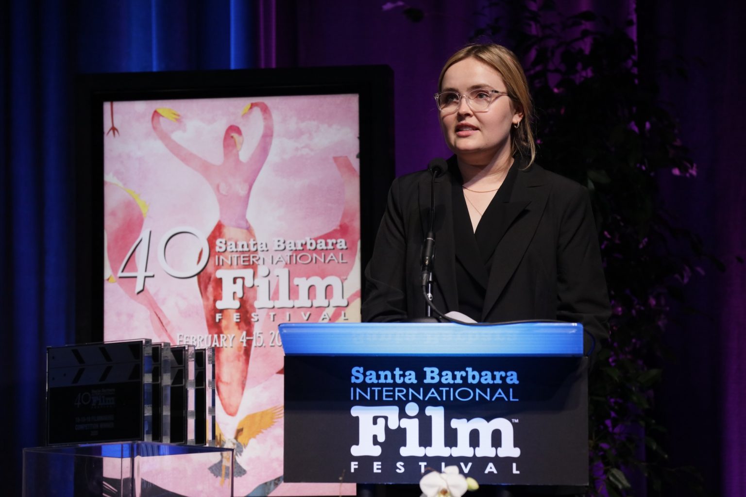 SANTA BARBARA, CALIFORNIA - FEBRUARY 15: Claire Waterhouse speaks onstage at the 10-10-10 Awards during the 40th Santa Barbara International Film Festival at The Arlington Theatre on February 15, 2025 in Santa Barbara, California. (Photo by Rebecca Sapp/Getty Images for Santa Barbara International Film Festival)