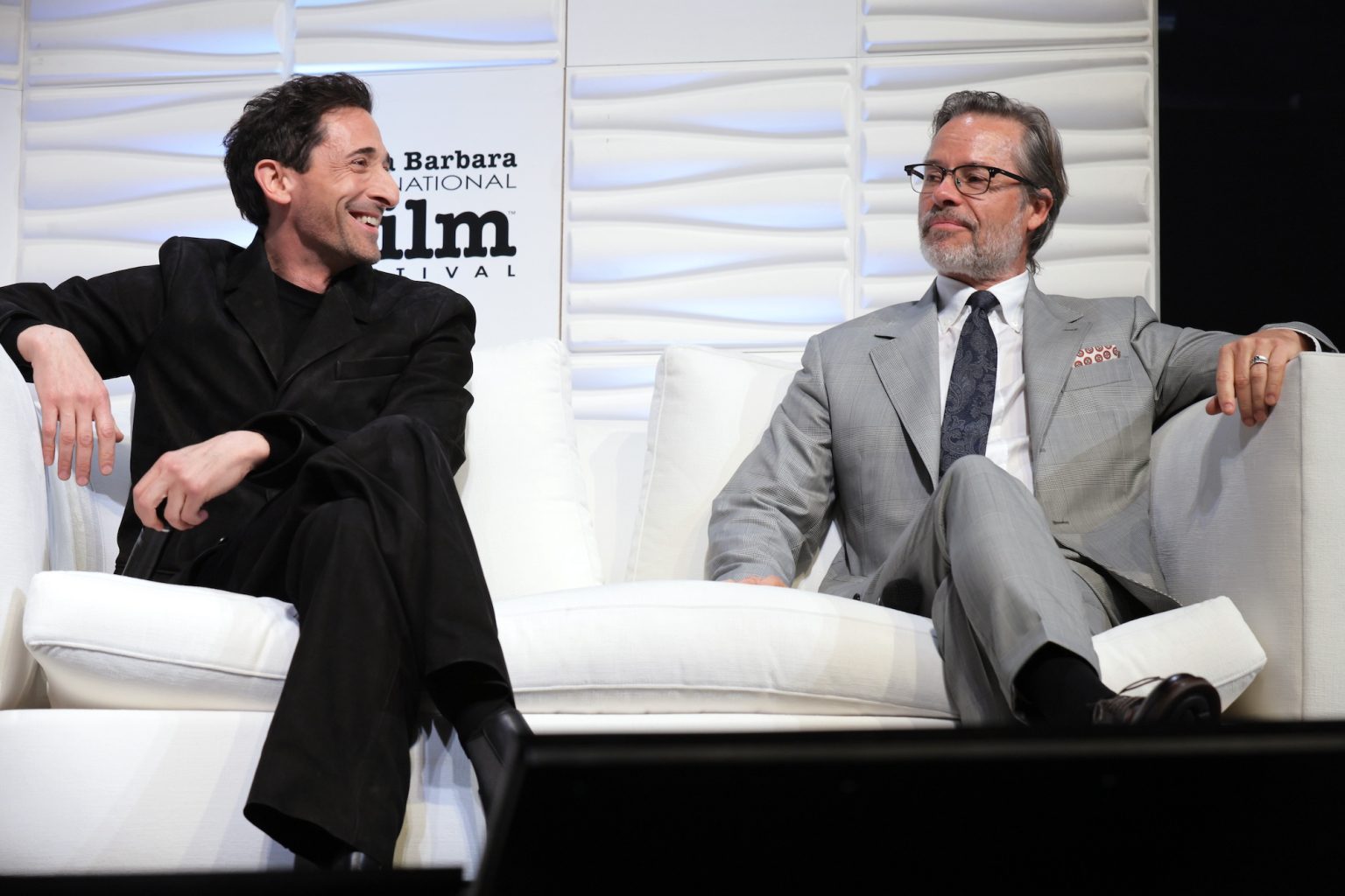 SANTA BARBARA, CALIFORNIA - FEBRUARY 13: Adrien Brody and Guy Pearce speak onstage at the Cinema Vanguard Award during the 40th Santa Barbara International Film Festival at The Arlington Theatre on February 13, 2025 in Santa Barbara, California. (Photo by Tibrina Hobson/Getty Images for Santa Barbara International Film Festival)