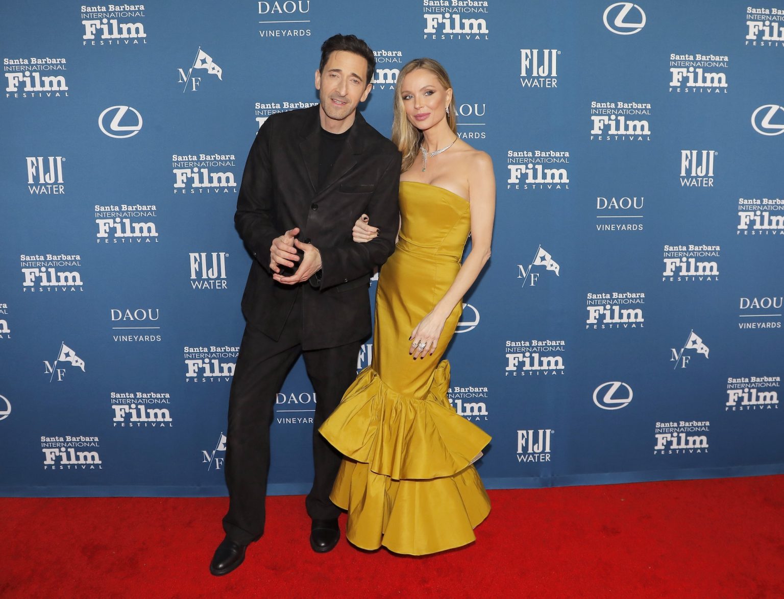 SANTA BARBARA, CALIFORNIA - FEBRUARY 13: Honoree Adrien Brody and Georgina Chapman attend the Cinema Vanguard Award ceremony during the 40th Santa Barbara International Film Festival at The Arlington Theatre on February 13, 2025 in Santa Barbara, California. (Photo by Tibrina Hobson/Getty Images for Santa Barbara International Film Festival)