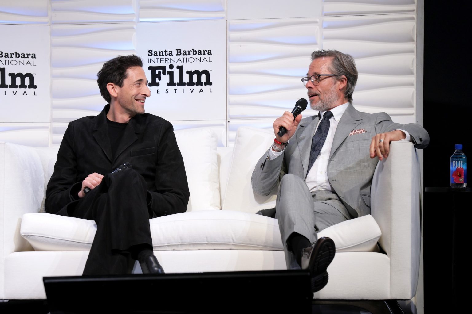SANTA BARBARA, CALIFORNIA - FEBRUARY 13: Adrien Brody and Guy Pearce speak onstage at the Cinema Vanguard Award during the 40th Santa Barbara International Film Festival at The Arlington Theatre on February 13, 2025 in Santa Barbara, California. (Photo by Tibrina Hobson/Getty Images for Santa Barbara International Film Festival)