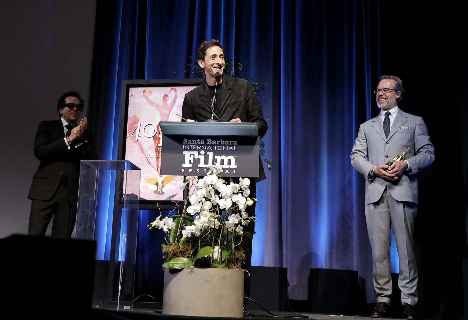 SANTA BARBARA, CALIFORNIA - FEBRUARY 13: Adrien Brody and Guy Pearce receive the Cinema Vanguard Award during the 40th Santa Barbara International Film Festival at The Arlington Theatre on February 13, 2025 in Santa Barbara, California. (Photo by Tibrina Hobson/Getty Images for Santa Barbara International Film Festival)