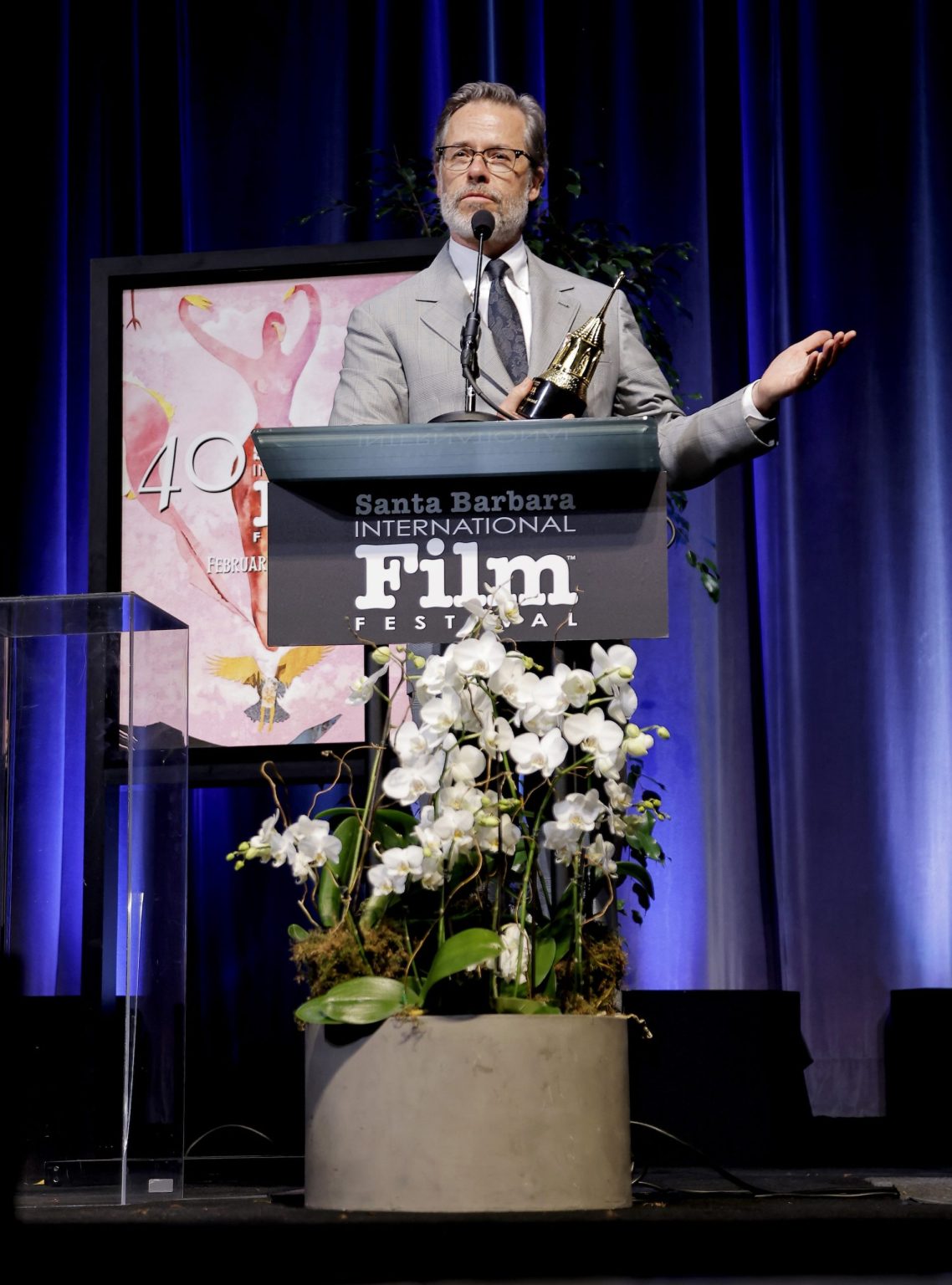 SANTA BARBARA, CALIFORNIA - FEBRUARY 13: Guy Pearce receives the Cinema Vanguard Award during the 40th Santa Barbara International Film Festival at The Arlington Theatre on February 13, 2025 in Santa Barbara, California. (Photo by Tibrina Hobson/Getty Images for Santa Barbara International Film Festival)