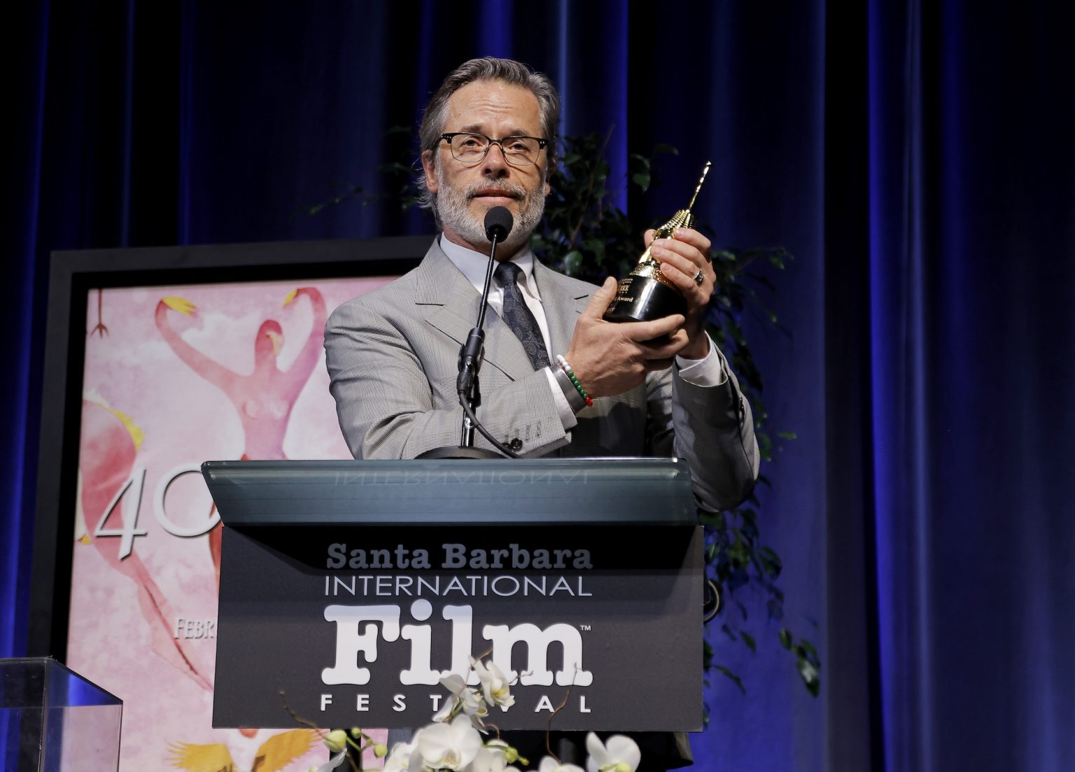 SANTA BARBARA, CALIFORNIA - FEBRUARY 13: Guy Pearce receives the Cinema Vanguard Award during the 40th Santa Barbara International Film Festival at The Arlington Theatre on February 13, 2025 in Santa Barbara, California. (Photo by Tibrina Hobson/Getty Images for Santa Barbara International Film Festival)