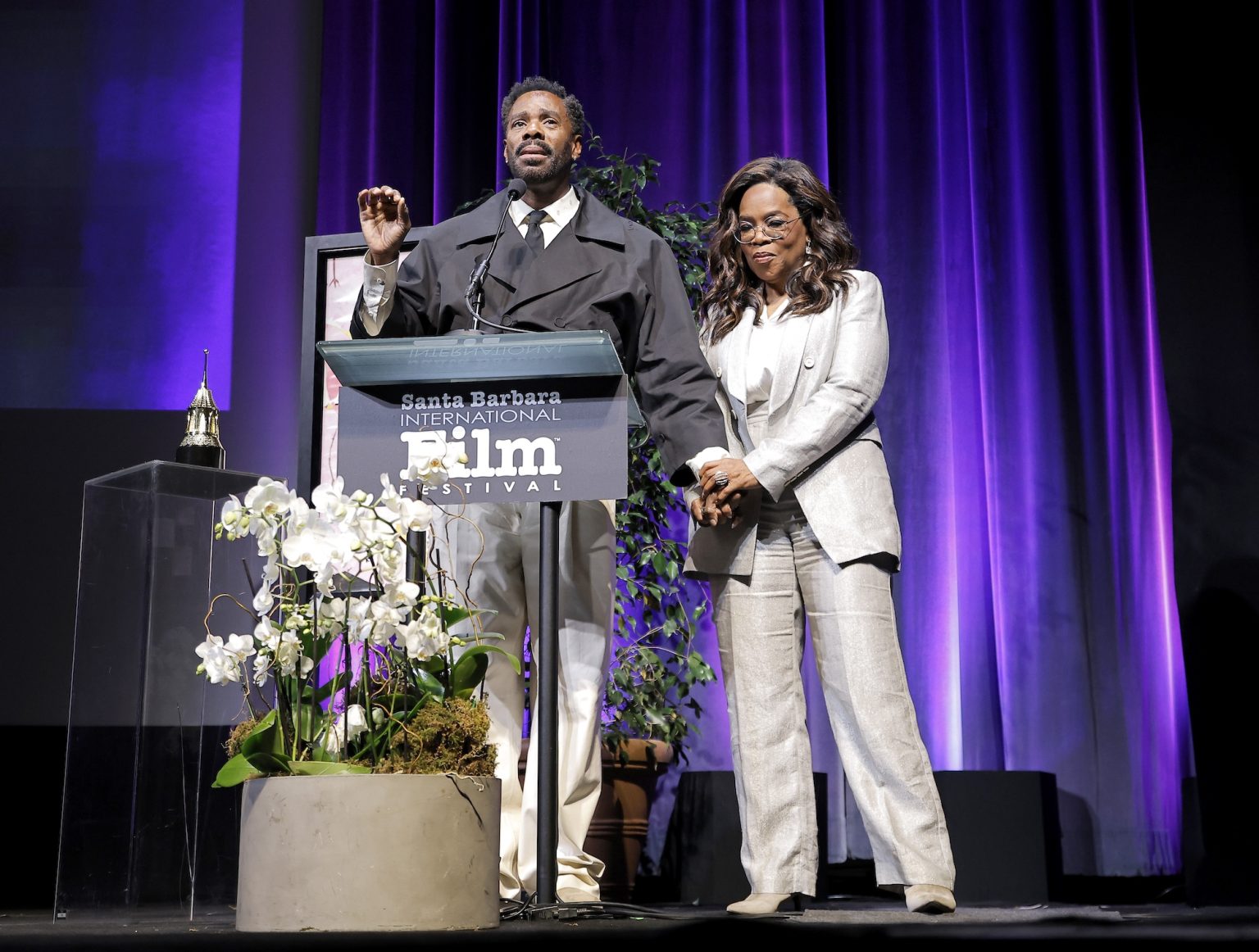 SANTA BARBARA, CALIFORNIA - FEBRUARY 14: Oprah Winfrey presents Colman Domingo with the Montecito Award during the 40th Santa Barbara International Film Festival at The Arlington Theatre on February 14, 2025 in Santa Barbara, California. (Photo by Tibrina Hobson/Getty Images for Santa Barbara International Film Festival)