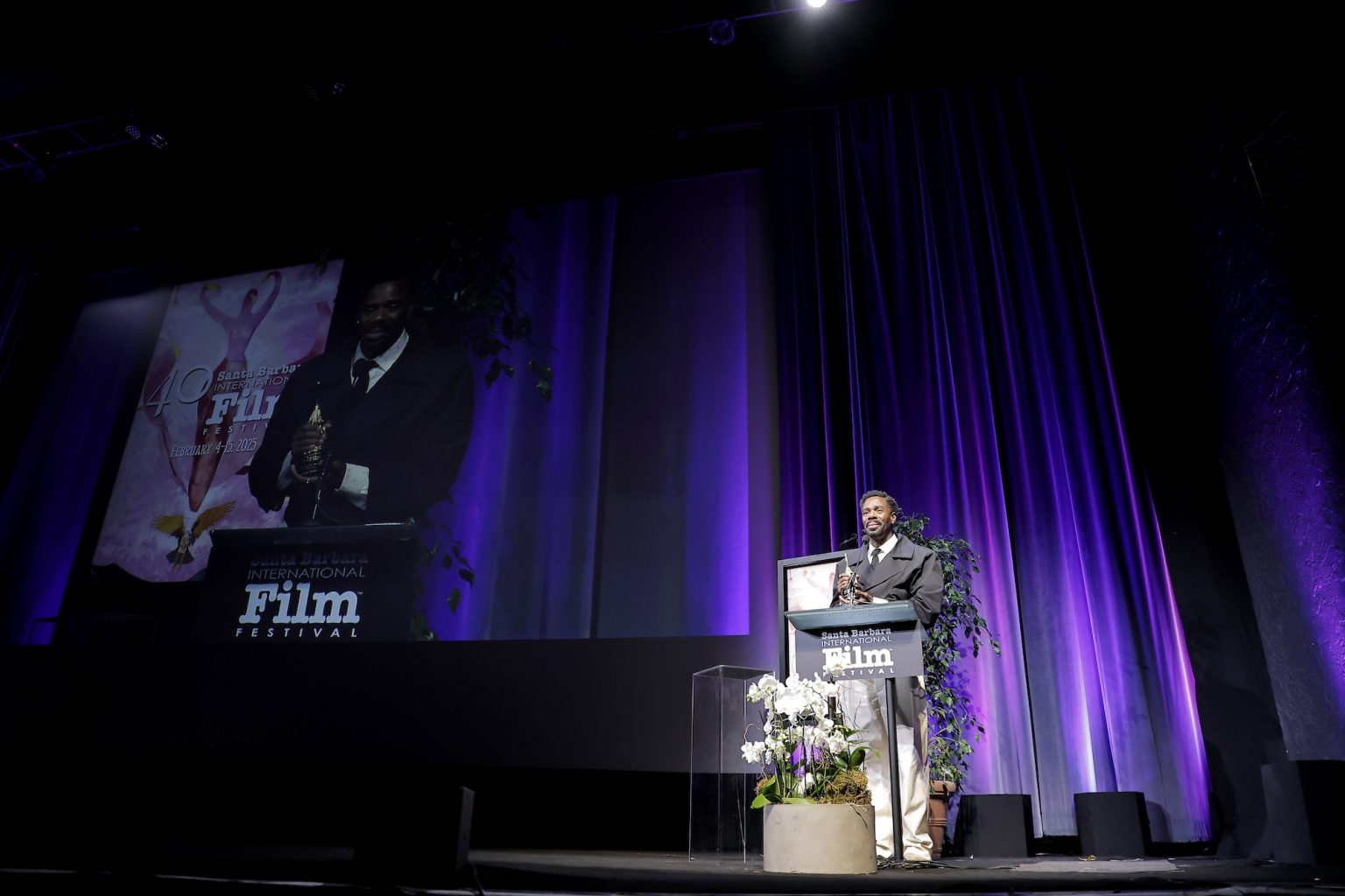 SANTA BARBARA, CALIFORNIA - FEBRUARY 14: Colman Domingo receives the Montecito Award during the 40th Santa Barbara International Film Festival at The Arlington Theatre on February 14, 2025 in Santa Barbara, California. (Photo by Tibrina Hobson/Getty Images for Santa Barbara International Film Festival)