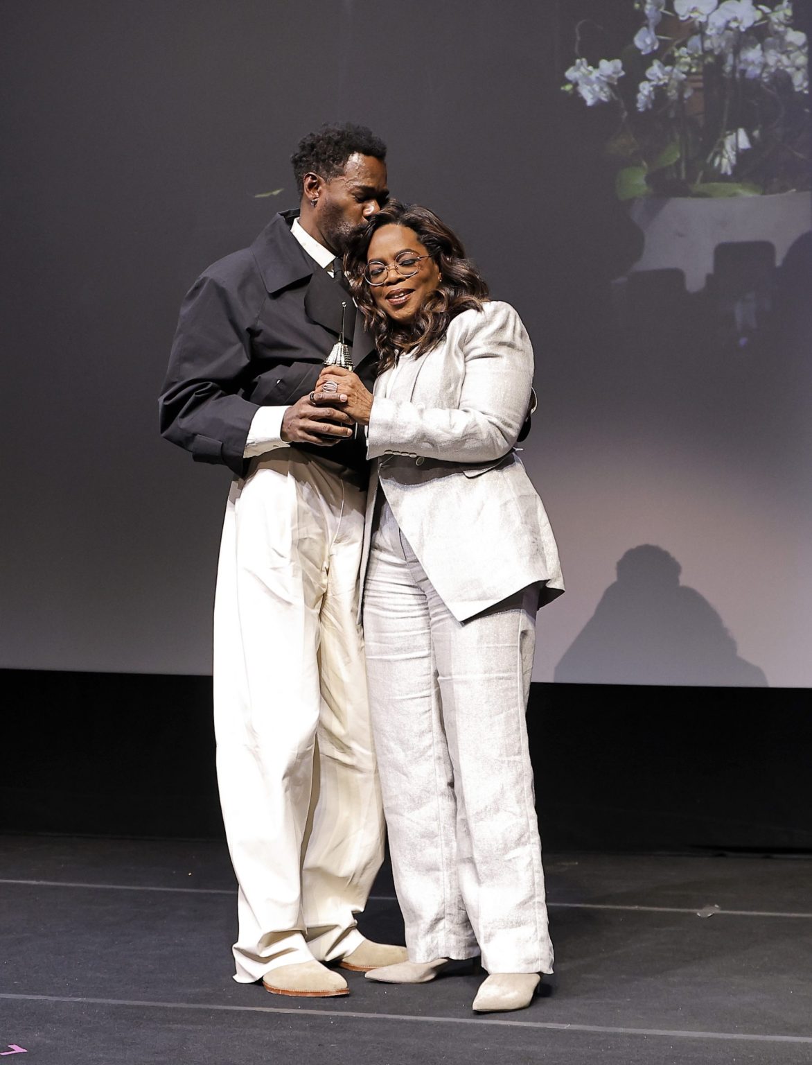 SANTA BARBARA, CALIFORNIA - FEBRUARY 14: Oprah Winfrey (R) presents Colman Domingo (L) with the Montecito Award during the 40th Santa Barbara International Film Festival at The Arlington Theatre on February 14, 2025 in Santa Barbara, California. (Photo by Tibrina Hobson/Getty Images for Santa Barbara International Film Festival)