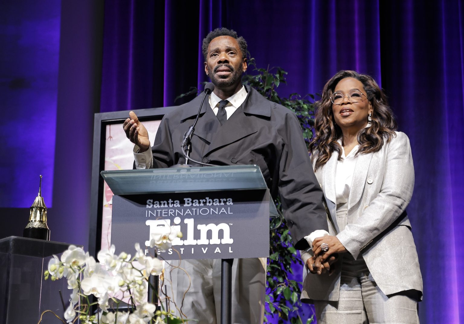 SANTA BARBARA, CALIFORNIA - FEBRUARY 14: Oprah Winfrey presents Colman Domingo with the Montecito Award during the 40th Santa Barbara International Film Festival at The Arlington Theatre on February 14, 2025 in Santa Barbara, California. (Photo by Tibrina Hobson/Getty Images for Santa Barbara International Film Festival)