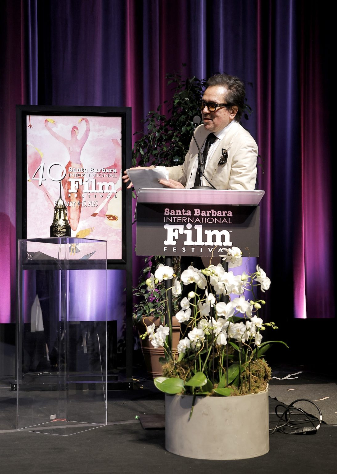 SANTA BARBARA, CALIFORNIA - FEBRUARY 10: SBIFF Executive Director Roger Durling speaks onstage at the Outstanding Directors of the Year Award ceremony during the 40th Santa Barbara International Film Festival at The Arlington Theatre on February 10, 2025 in Santa Barbara, California. (Photo by Tibrina Hobson/Getty Images for Santa Barbara International Film Festival)
