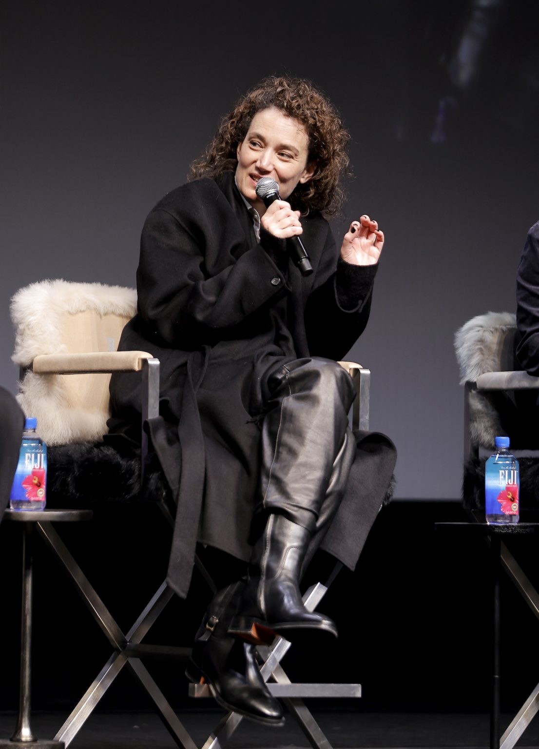 SANTA BARBARA, CALIFORNIA - FEBRUARY 10: Coralie Fargea speaks onstage at the Outstanding Directors of the Year Award ceremony during the 40th Santa Barbara International Film Festival at The Arlington Theatre on February 10, 2025 in Santa Barbara, California. (Photo by Tibrina Hobson/Getty Images for Santa Barbara International Film Festival)