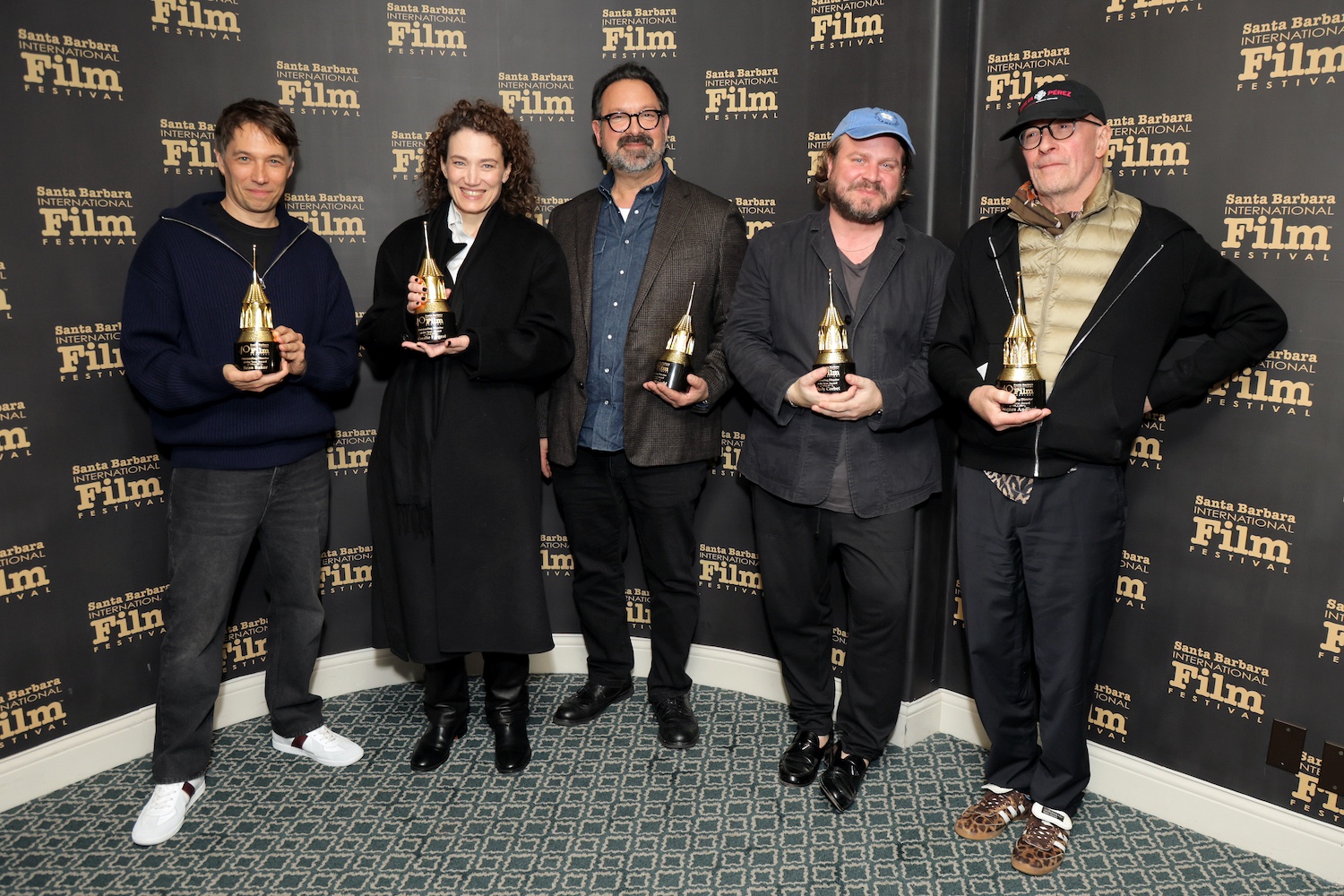 SANTA BARBARA, CALIFORNIA - FEBRUARY 10: Brady Corbet, Coralie Fargeat, Jacques Audiard, Sean Baker and James Mangold on February 10, 2025 in Santa Barbara, California. (Photo by Rebecca Sapp/Getty Images for Santa Barbara International Film Festival)