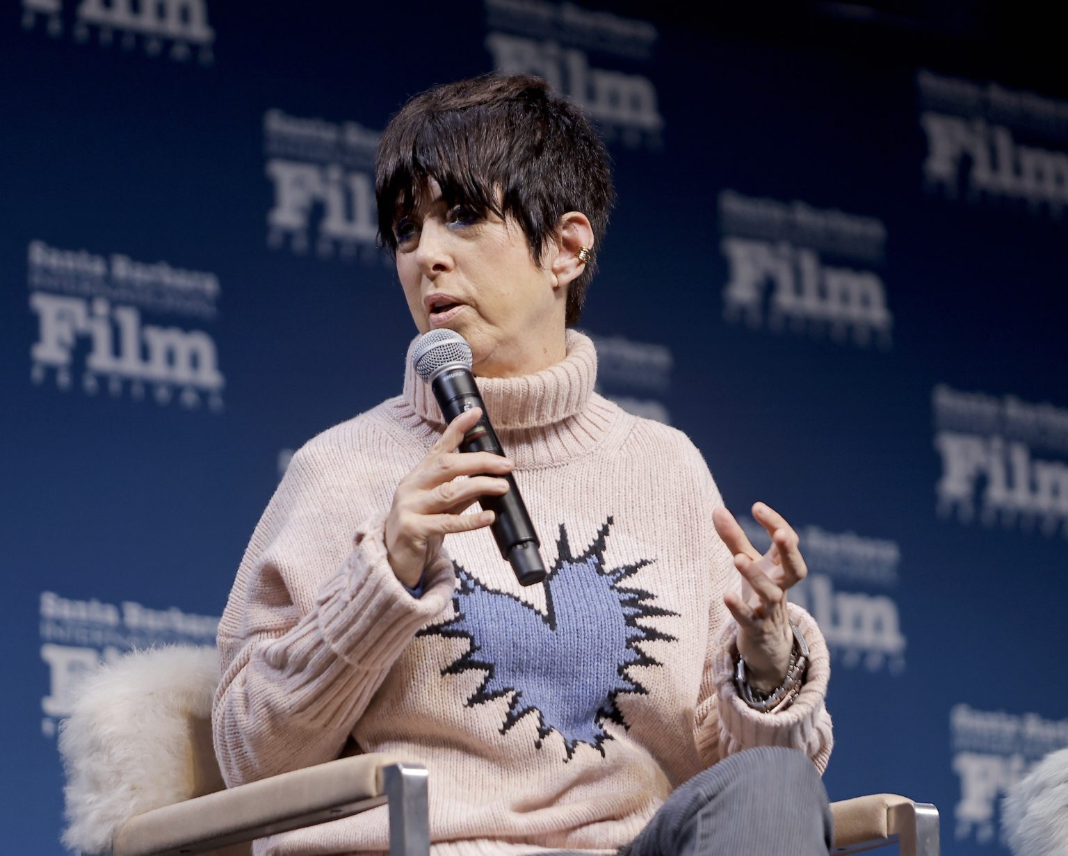 SANTA BARBARA, CALIFORNIA - FEBRUARY 15: Diane Warren speaks onstage at the Women's Panel durning the 40th Santa Barbara International Film Fest on February 15, 2025 in Santa Barbara, California. (Photo by Tibrina Hobson/Getty Images for Santa Barbara International Film Festival)
