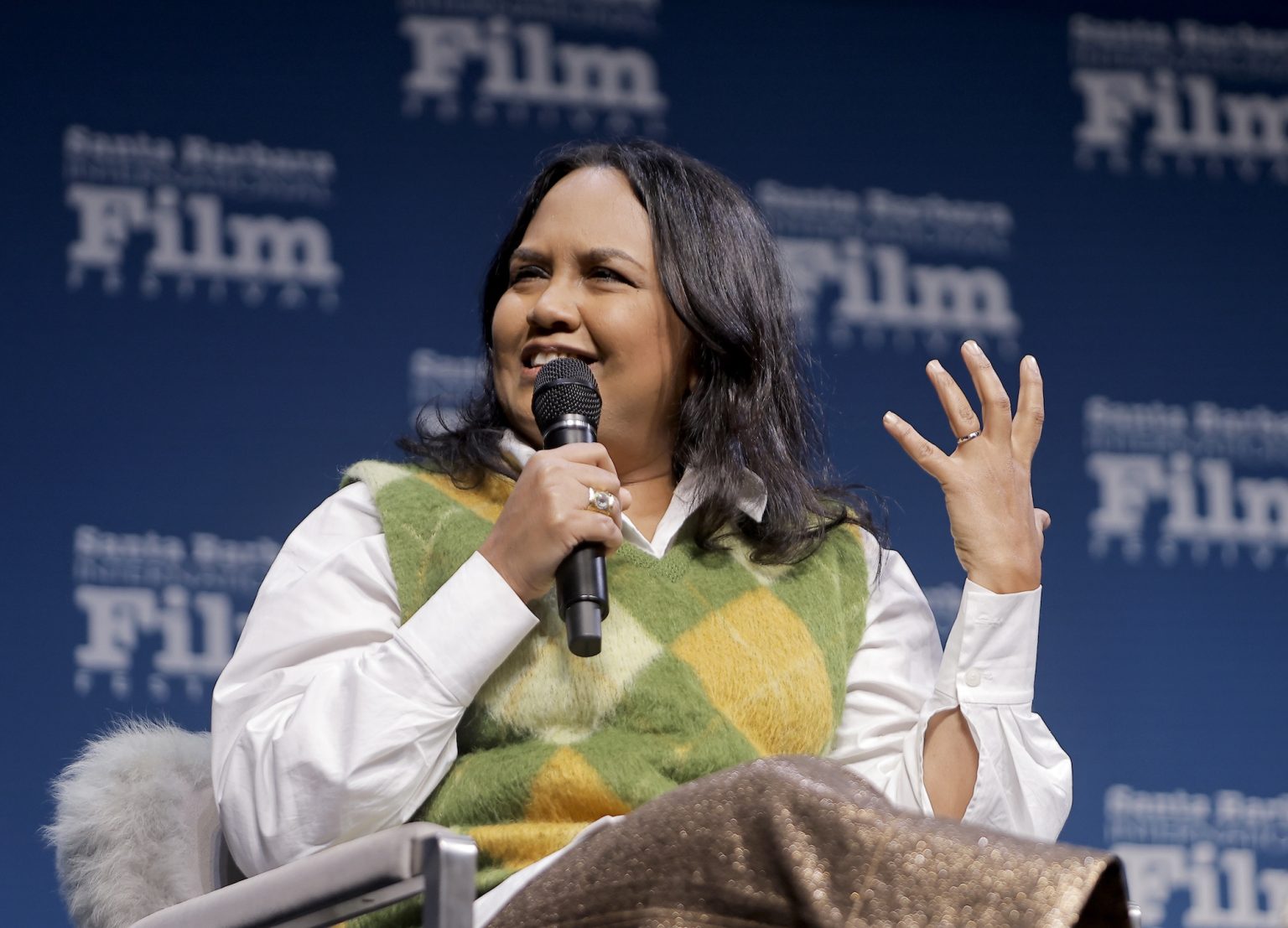 SANTA BARBARA, CALIFORNIA - FEBRUARY 15: Suchitra Mattai speaks onstage at the Women's Panel durning the 40th Santa Barbara International Film Fest on February 15, 2025 in Santa Barbara, California. (Photo by Tibrina Hobson/Getty Images for Santa Barbara International Film Festival)