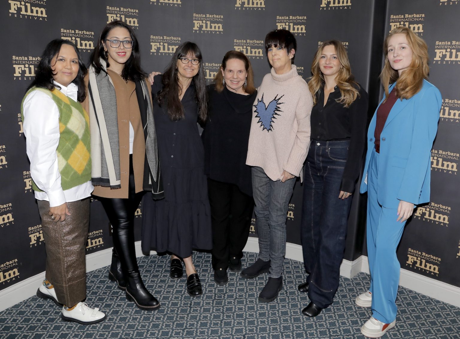 SANTA BARBARA, CALIFORNIA - FEBRUARY 15: (L-R) Suchitra Mattai, Smriti Mundhra, Paula DuPré Pesmen, Madelyn Hammond, Diane Warren, Emily Kassie and Victoria Warmerdam attend the Women's Panel durning the 40th Santa Barbara International Film Fest on February 15, 2025 in Santa Barbara, California. (Photo by Tibrina Hobson/Getty Images for Santa Barbara International Film Festival)