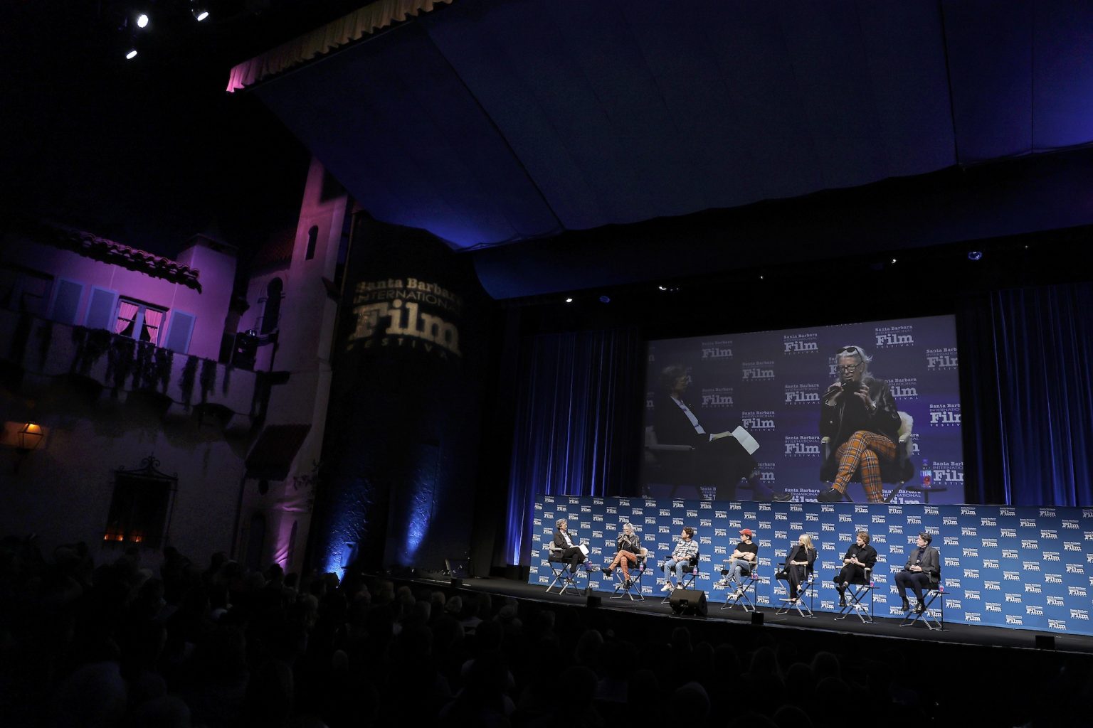 SANTA BARBARA, CALIFORNIA - FEBRUARY 08: (L-R) Anne Thompson, Joslyn Barnes, Clint Bentley, Jesse Eisenberg, Mona Fastvold, Tim Fehlbaum and Peter Straughan speak onstage at the writers panel at the 40th Santa Barbara International Film Festival on February 08, 2025 in Santa Barbara, California. (Photo by Tibrina Hobson/Getty Images for Santa Barbara International Film Festival)