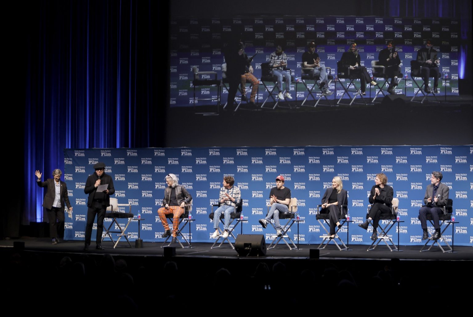 SANTA BARBARA, CALIFORNIA - FEBRUARY 08: (L-R) Anne Thompson, Roger Durling Joslyn Barnes, Clint Bentley, Jesse Eisenberg, Mona Fastvold, Tim Fehlbaum and Peter Straughan speak onstage at the writers panel at the 40th Santa Barbara International Film Festival on February 08, 2025 in Santa Barbara, California. (Photo by Tibrina Hobson/Getty Images for Santa Barbara International Film Festival)