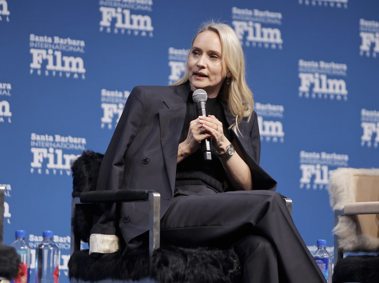 SANTA BARBARA, CALIFORNIA - FEBRUARY 08: Mona Fastvold speaks onstage at the writers panel at the 40th Santa Barbara International Film Festival on February 08, 2025 in Santa Barbara, California. (Photo by Tibrina Hobson/Getty Images for Santa Barbara International Film Festival)