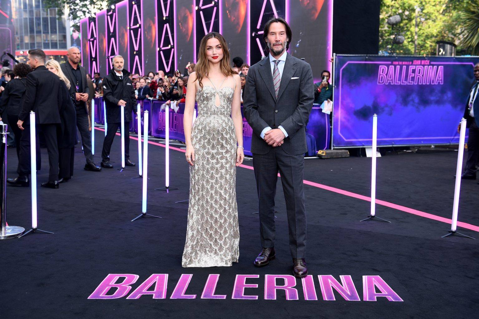 LONDON, ENGLAND - MAY 22: Ana de Armas and Keanu Reeves attends the world premiere of "Ballerina" at Cineworld Leicester Square on May 22, 2025 in London, England. (Photo by Joe Maher/Getty Images for Lionsgate UK)