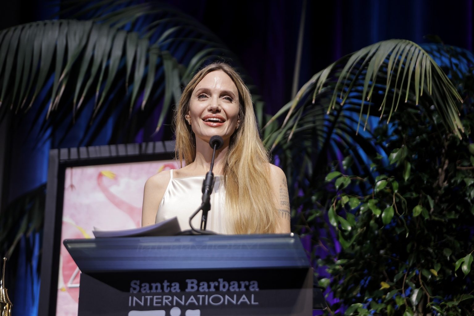 SANTA BARBARA, CALIFORNIA - FEBRUARY 05: Honoree Angelina Jolie attends the Maltin Modern Master Award ceremony during the 40th Santa Barbara International Film Festival at Arlington Theatre on February 05, 2025 in Santa Barbara, California. (Photo by Tibrina Hobson/Getty Images for Santa Barbara International Film Festival)