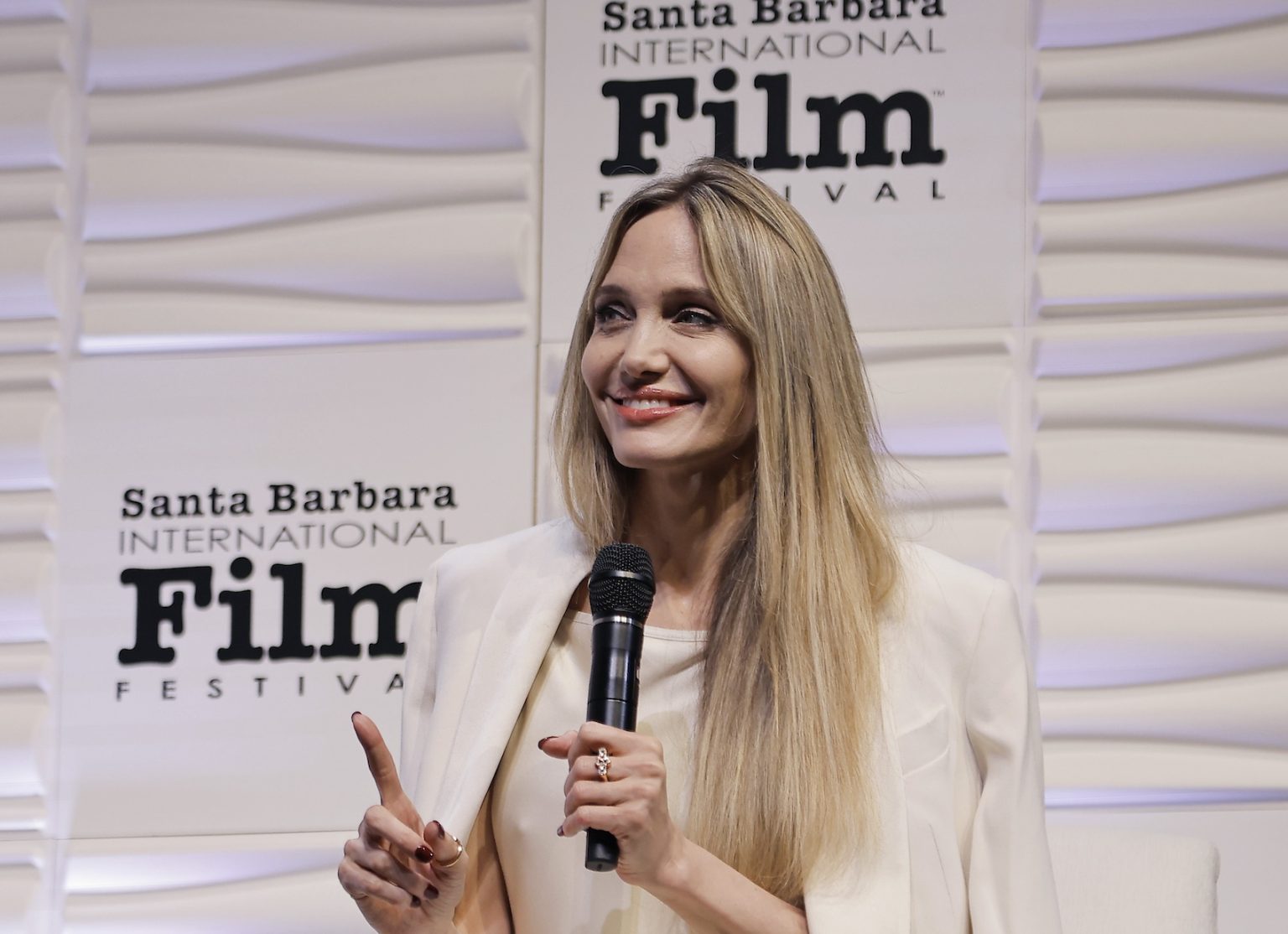 SANTA BARBARA, CALIFORNIA - FEBRUARY 05: Honoree Angelina Jolie attends the Maltin Modern Master Award ceremony during the 40th Santa Barbara International Film Festival at Arlington Theatre on February 05, 2025 in Santa Barbara, California. (Photo by Tibrina Hobson/Getty Images for Santa Barbara International Film Festival)