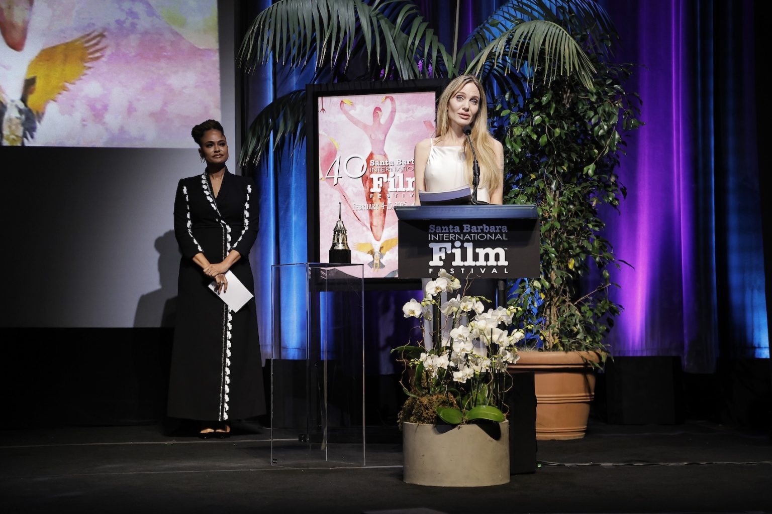 SANTA BARBARA, CALIFORNIA - FEBRUARY 05: Honoree Angelina Jolie receives the Maltin Modern Master Award ceremony during the 40th Santa Barbara International Film Festival at Arlington Theatre on February 05, 2025 in Santa Barbara, California. (Photo by Tibrina Hobson/Getty Images for Santa Barbara International Film Festival)
