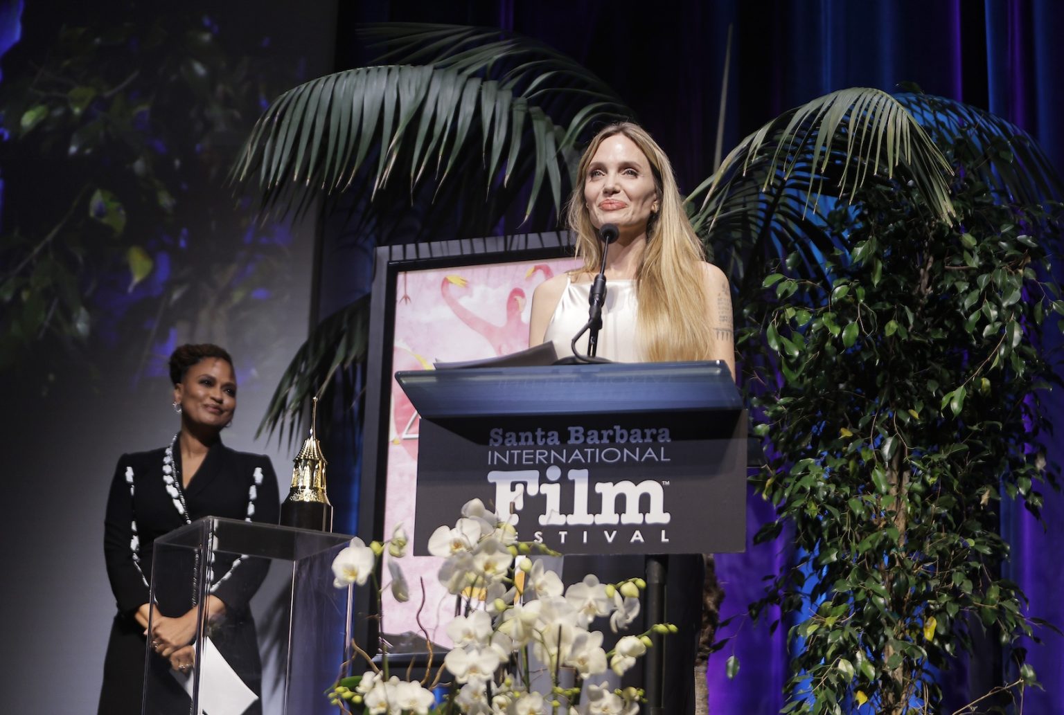 SANTA BARBARA, CALIFORNIA - FEBRUARY 05: Honoree Angelina Jolie receives the Maltin Modern Master Award ceremony during the 40th Santa Barbara International Film Festival at Arlington Theatre on February 05, 2025 in Santa Barbara, California. (Photo by Tibrina Hobson/Getty Images for Santa Barbara International Film Festival)