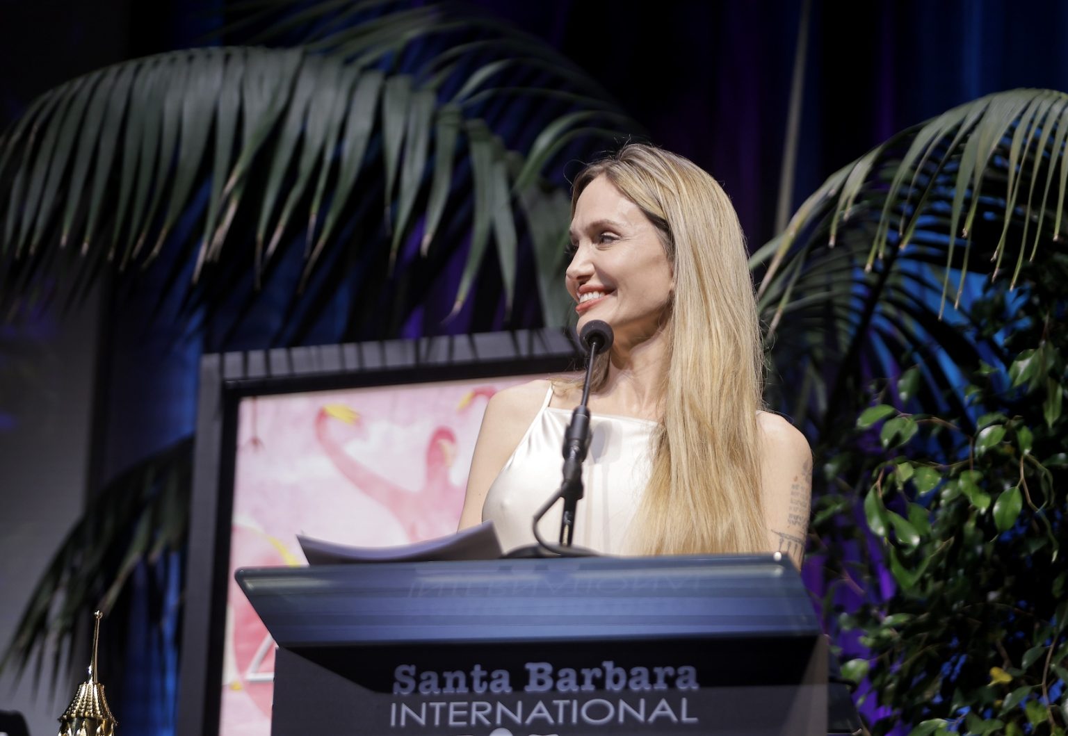 SANTA BARBARA, CALIFORNIA - FEBRUARY 05: Honoree Angelina Jolie receives the Maltin Modern Master Award ceremony during the 40th Santa Barbara International Film Festival at Arlington Theatre on February 05, 2025 in Santa Barbara, California. (Photo by Tibrina Hobson/Getty Images for Santa Barbara International Film Festival)