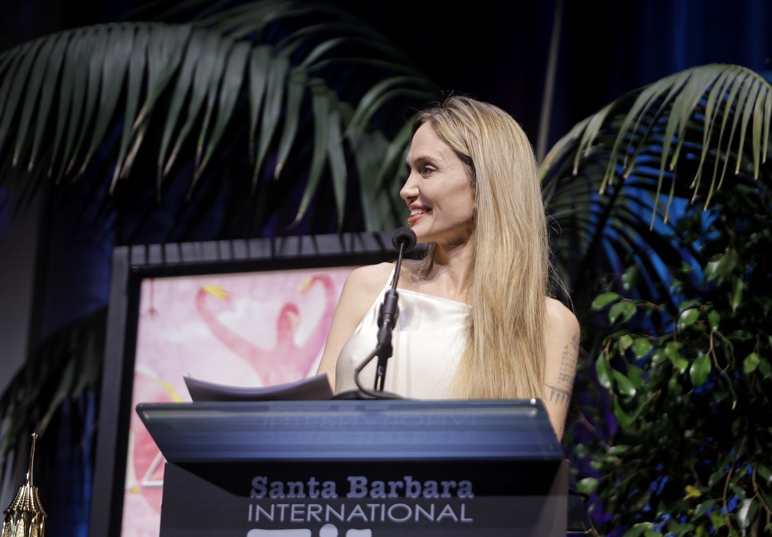 SANTA BARBARA, CALIFORNIA - FEBRUARY 05: Honoree Angelina Jolie receives the Maltin Modern Master Award ceremony during the 40th Santa Barbara International Film Festival at Arlington Theatre on February 05, 2025 in Santa Barbara, California. (Photo by Tibrina Hobson/Getty Images for Santa Barbara International Film Festival)