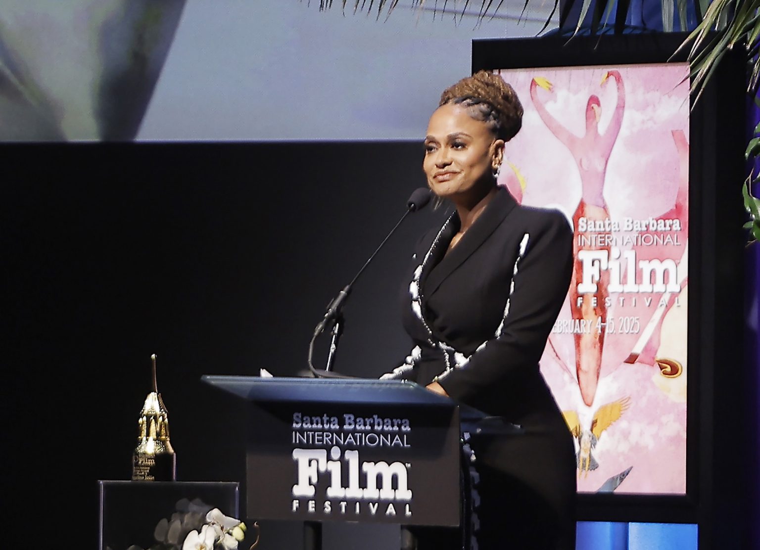 SANTA BARBARA, CALIFORNIA - FEBRUARY 05: Ava DuVernay presents Angelina Jolie with the Maltin Modern Master Award at the 40th Santa Barbara International Film Festival on February 05, 2025 in Santa Barbara, California. (Photo by Tibrina Hobson/Getty Images for Santa Barbara International Film Festival)