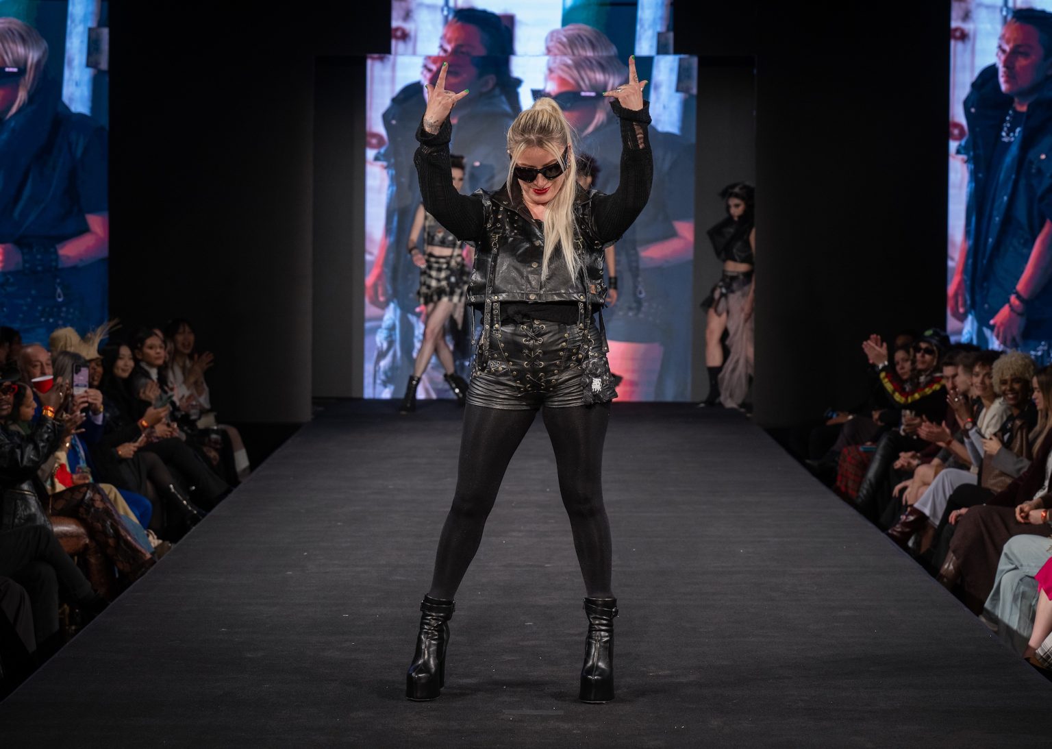 NEW YORK, NEW YORK - FEBRUARY 09: Designer Maria J. Ramirez (C) walks the runway at the Bad Pink show during New York Fashion Week Powered By Art Hearts Fashion at The Angel Orensanz Foundation on February 09, 2025 in New York City. (Photo by Mark Gunter/Getty Images for Art Hearts Fashion)