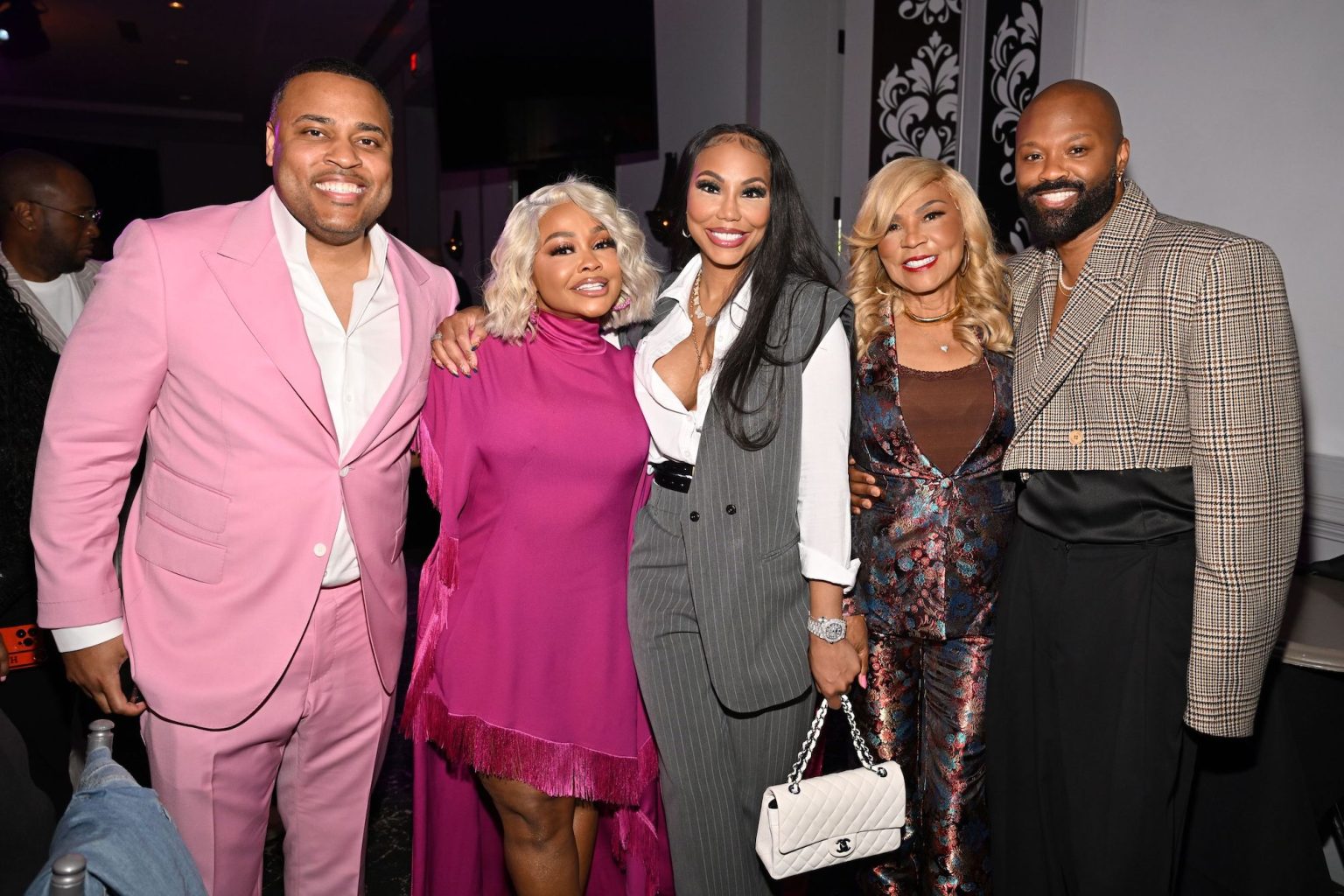 ATLANTA, GEORGIA - APRIL 03: (L-R) EJ Gaines, Phil Thornton, Phaedra Parks, Tamar Braxton, Evelyn Braxton and Wardell Malloy attend the 2025 BMI Trailblazers of Gospel Music Awards at Flourish Atlanta on April 03, 2025 in Atlanta, Georgia. (Photo by Derek White/Getty Images for BMI)