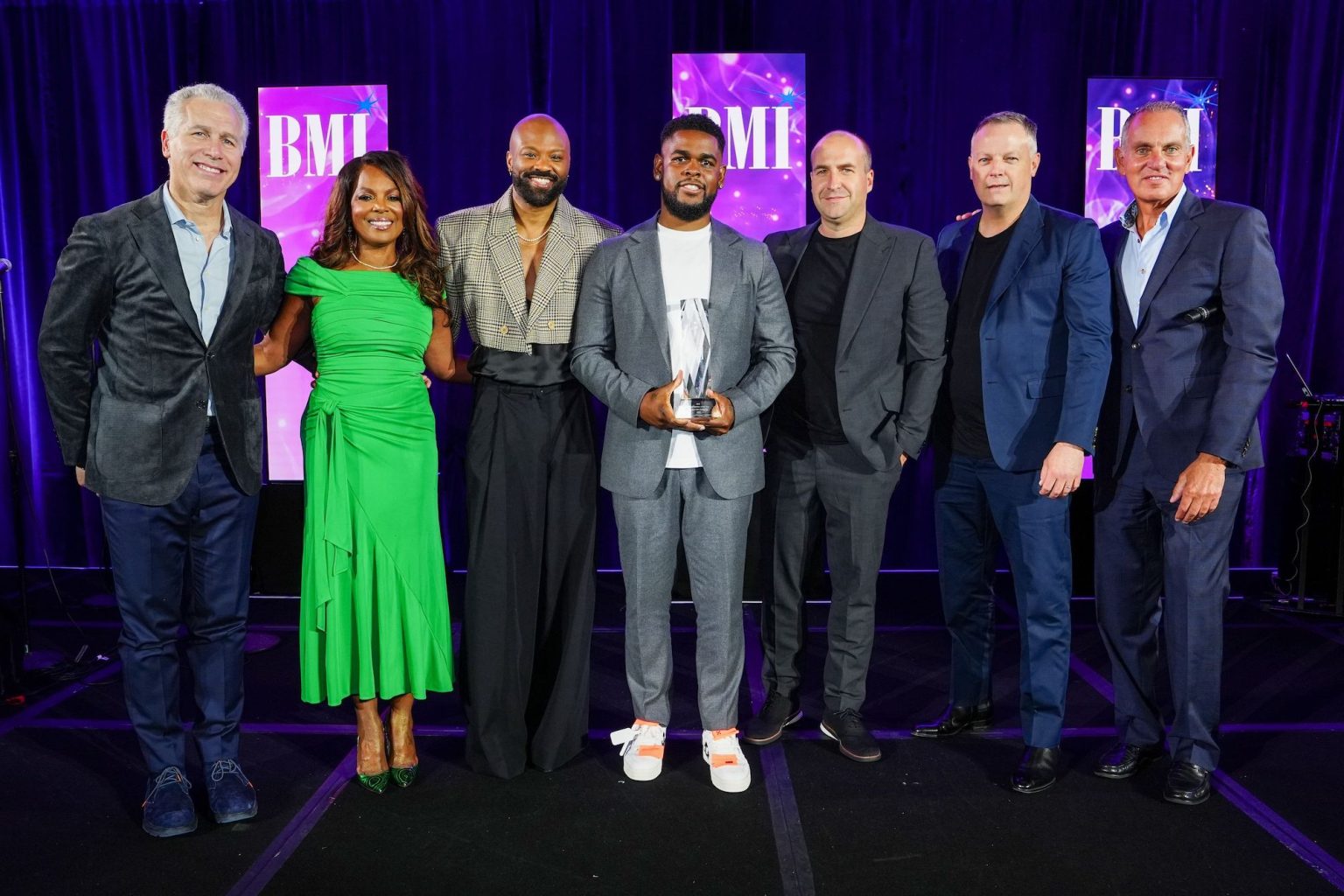 ATLANTA, GEORGIA - APRIL 03: (L-R) Mike Steinberg, Catherine Brewton, Wardell Malloy, Walter Thomas, David Gutekunst, Brad O'Donnell, and Mike O'Neill, BMI President & CEO attend the 2025 BMI Trailblazers of Gospel Music Awards at Flourish Atlanta on April 03, 2025 in Atlanta, Georgia. (Photo by Erika Goldring/Getty Images for BMI)