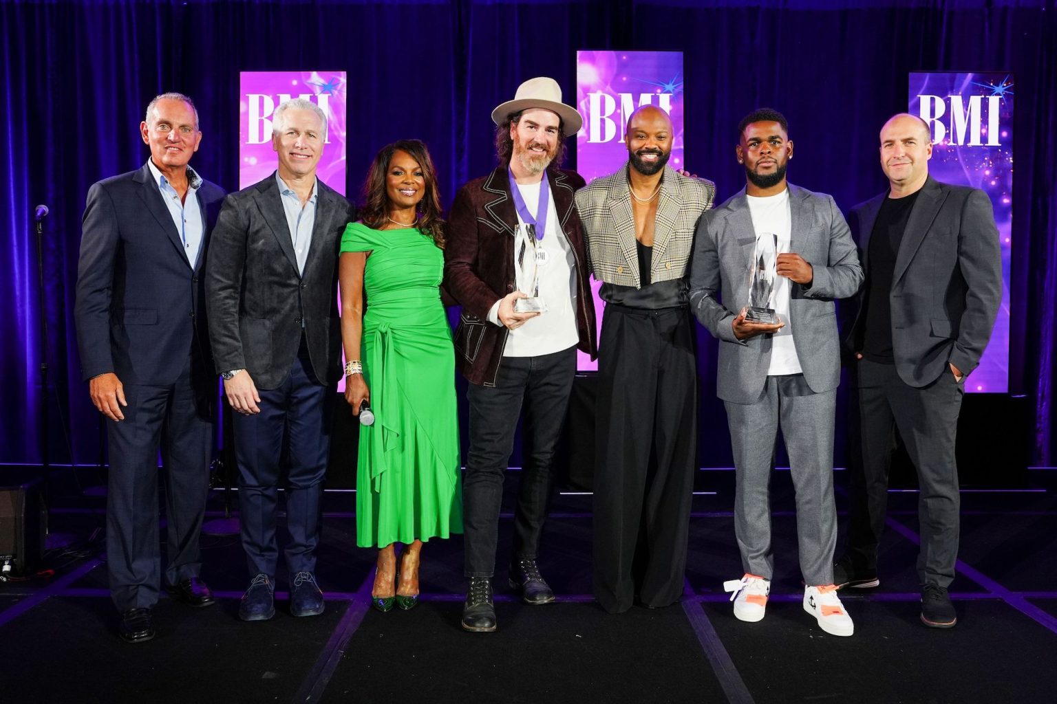 ATLANTA, GEORGIA - APRIL 03: (L-R) Mike O'Neill, BMI President & CEO, Mike Steinberg, Catherine Brewton, Ed Cash, Wardell Malloy, Walter Thomas and David Gutekunst of Capitol CMG attend the 2025 BMI Trailblazers of Gospel Music Awards at Flourish Atlanta on April 03, 2025 in Atlanta, Georgia. (Photo by Erika Goldring/Getty Images for BMI)