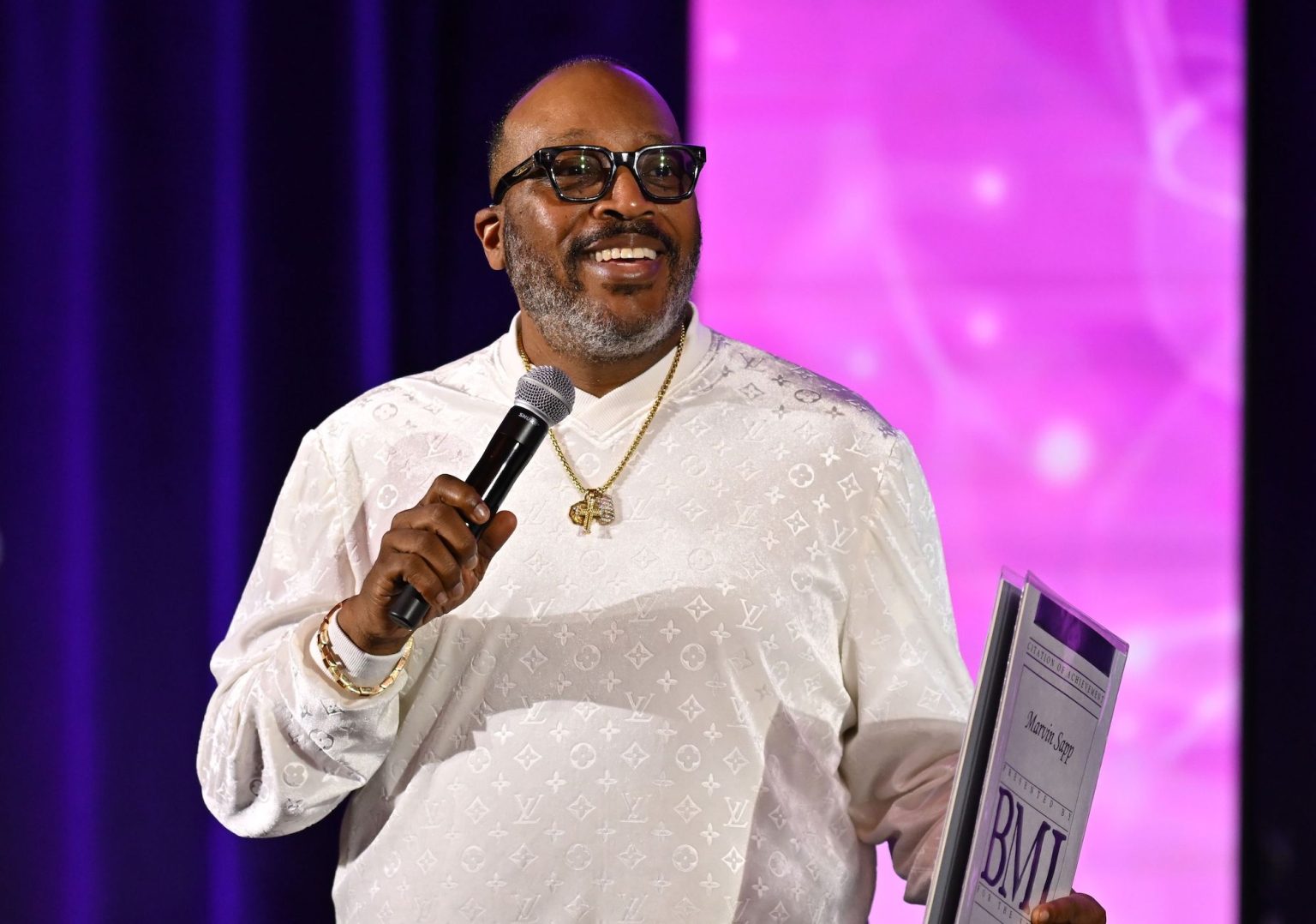 ATLANTA, GEORGIA - APRIL 03: Marvin Sapp speaks during the 2025 BMI Trailblazers of Gospel Music Awards at Flourish Atlanta on April 03, 2025 in Atlanta, Georgia. (Photo by Derek White/Getty Images for BMI)