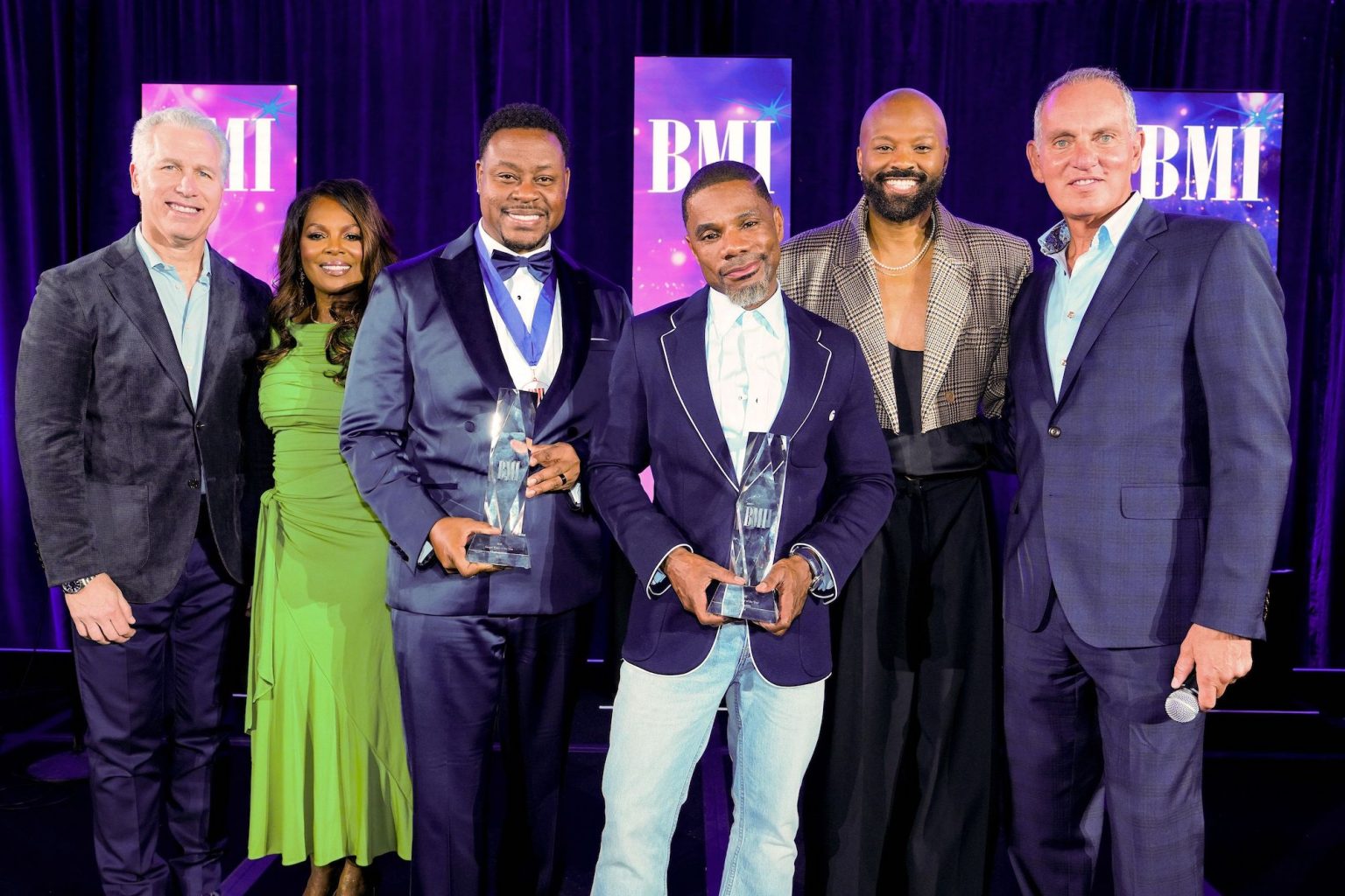 ATLANTA, GEORGIA - APRIL 03: (L-R) Mike Steinberg, Catherine Brewton, Charles Jenkins, Kirk Franklin, Wardell Malloy and Mike O'Neill, BMI President & CEO attend the 2025 BMI Trailblazers of Gospel Music Awards at Flourish Atlanta on April 03, 2025 in Atlanta, Georgia. (Photo by Erika Goldring/Getty Images for BMI)