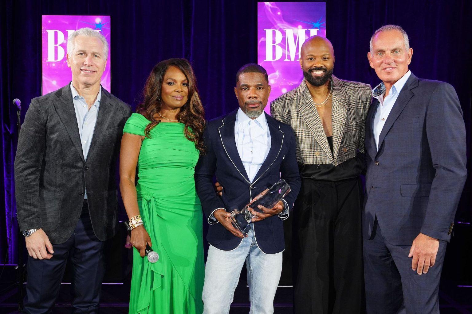 ATLANTA, GEORGIA - APRIL 03: (L-R) Mike Steinberg, Catherine Brewton, Kirk Franklin, Wardell Malloy and Mike O'Neill, BMI President & CEO attend the 2025 BMI Trailblazers of Gospel Music Awards at Flourish Atlanta on April 03, 2025 in Atlanta, Georgia. (Photo by Erika Goldring/Getty Images for BMI)