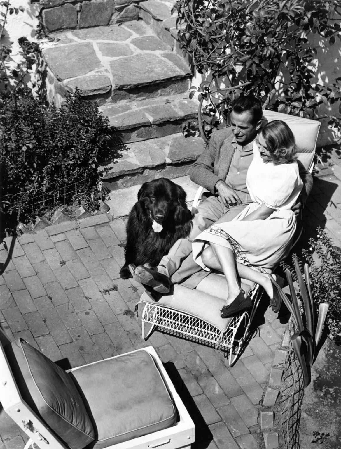 HUMPHREY BOGART and his 3rd Wife MAYO METHOT with their Newfoundland Dog Captain Kidd in 1940 at his home on Shoreham Drive Los Angeles publicity for Warner Bros.
